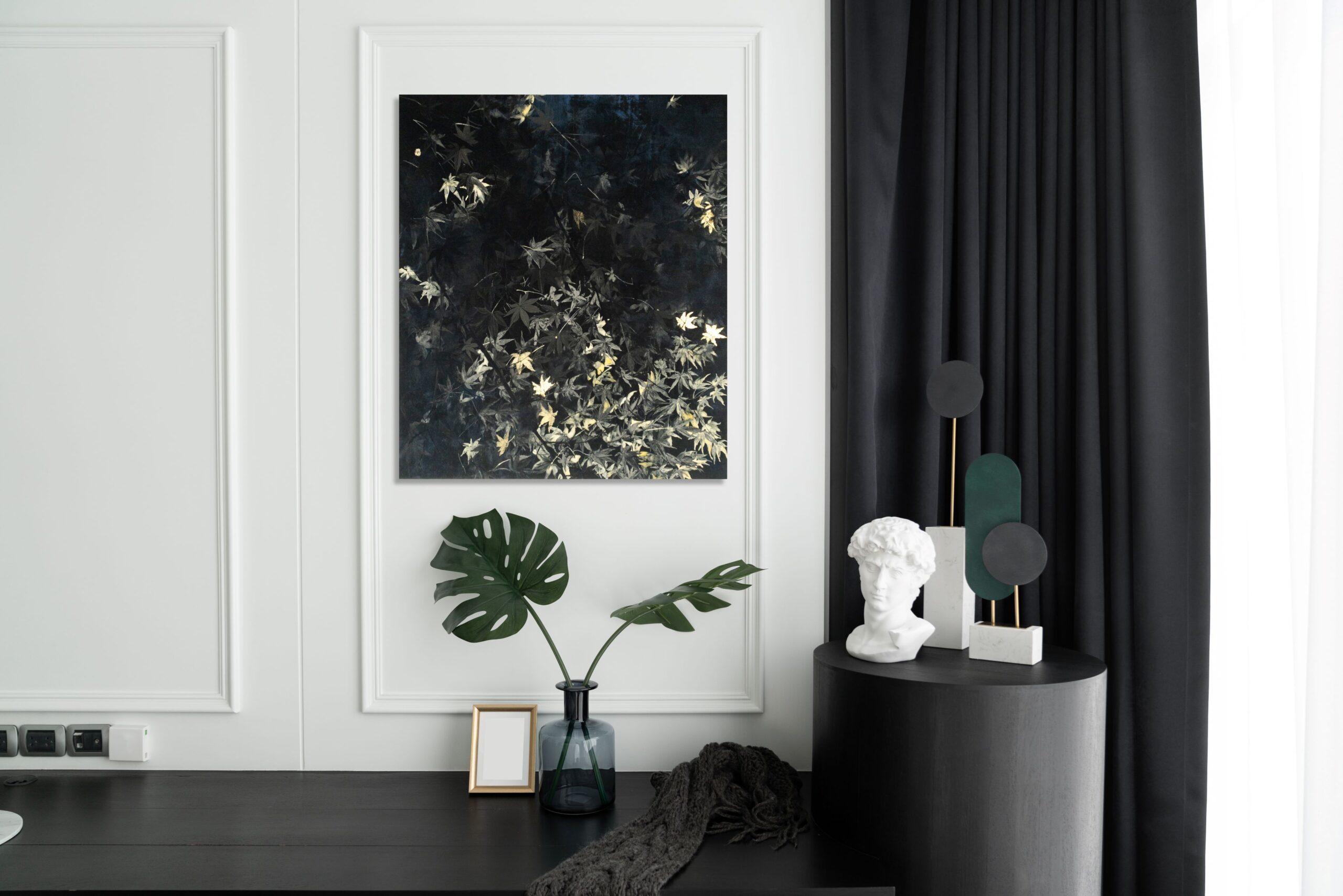 Nocturn V di Lumi Mizutani - Pittura di paesaggio in stile giapponese, nero e oro in vendita 2