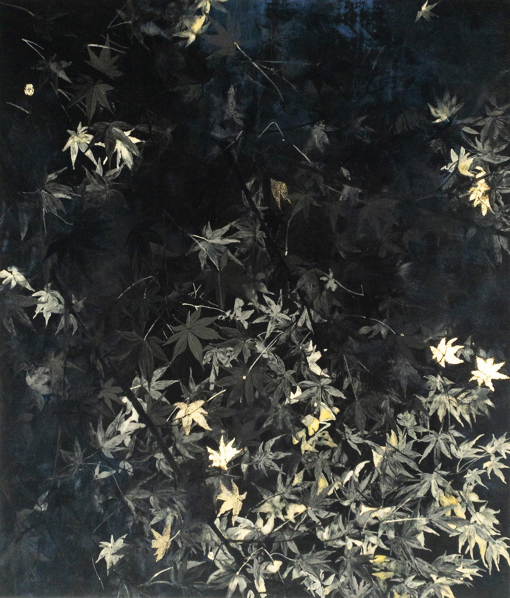 Nocturn V par Lumi Mizutani - Peinture de paysage de style japonais, noir et or en vente 6
