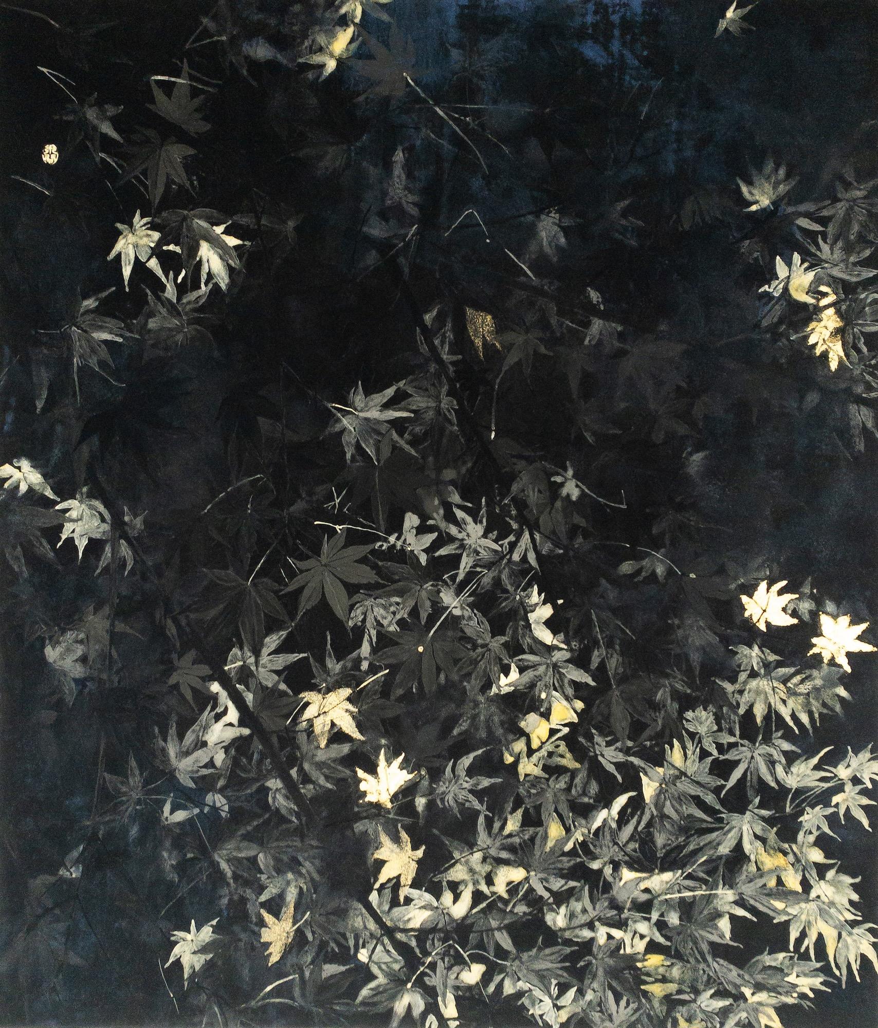 Nocturno V de Lumi Mizutani - Pintura paisajista de estilo japonés, negro y dorado
