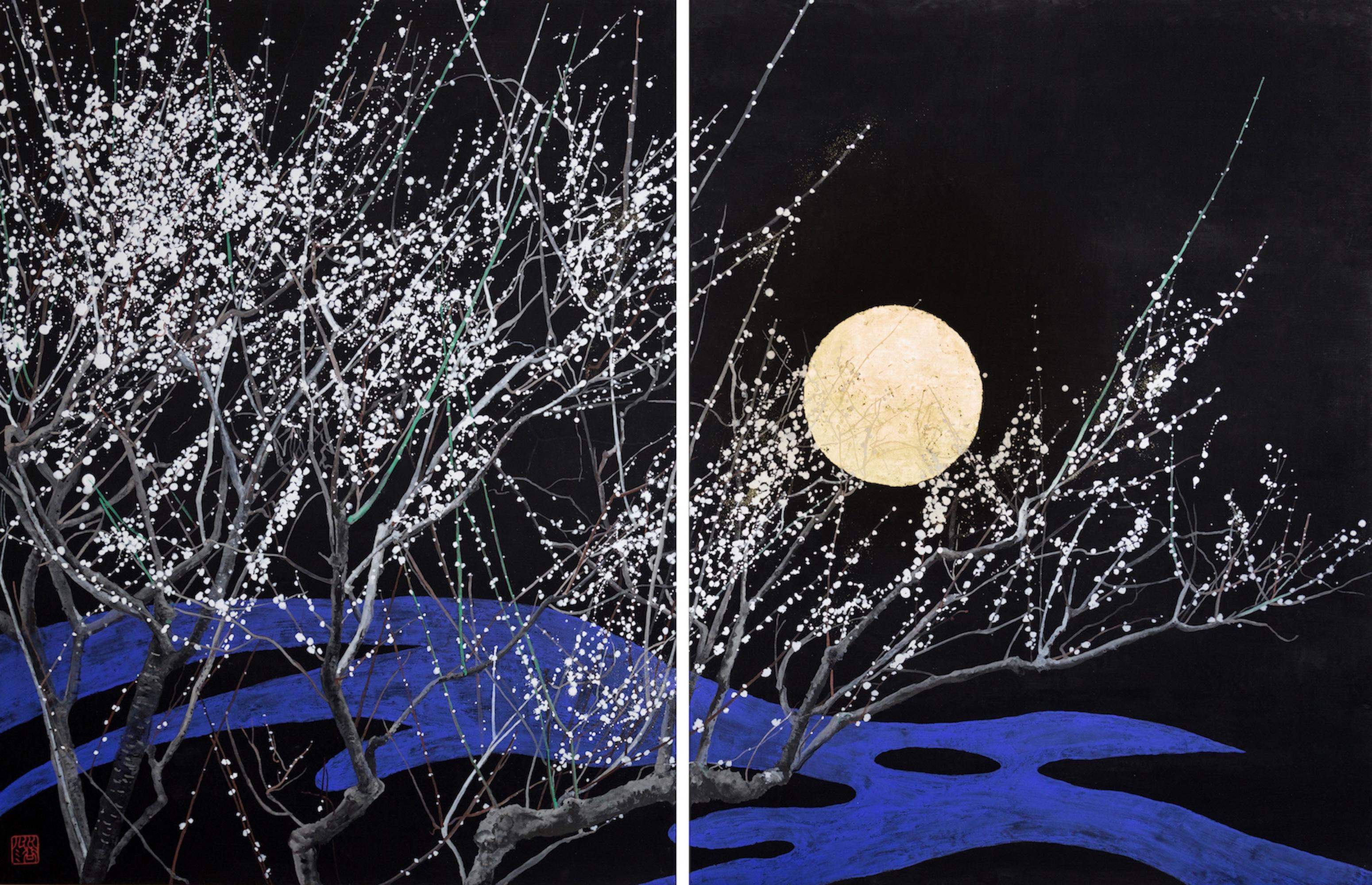 Nocturne IV by L. Mizutani - Japanese art, night painting, flowering tree, moon