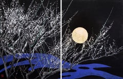 Nocturne IV by L. Mizutani - Japanese Art, Night Painting, Flowering Tree, Moon