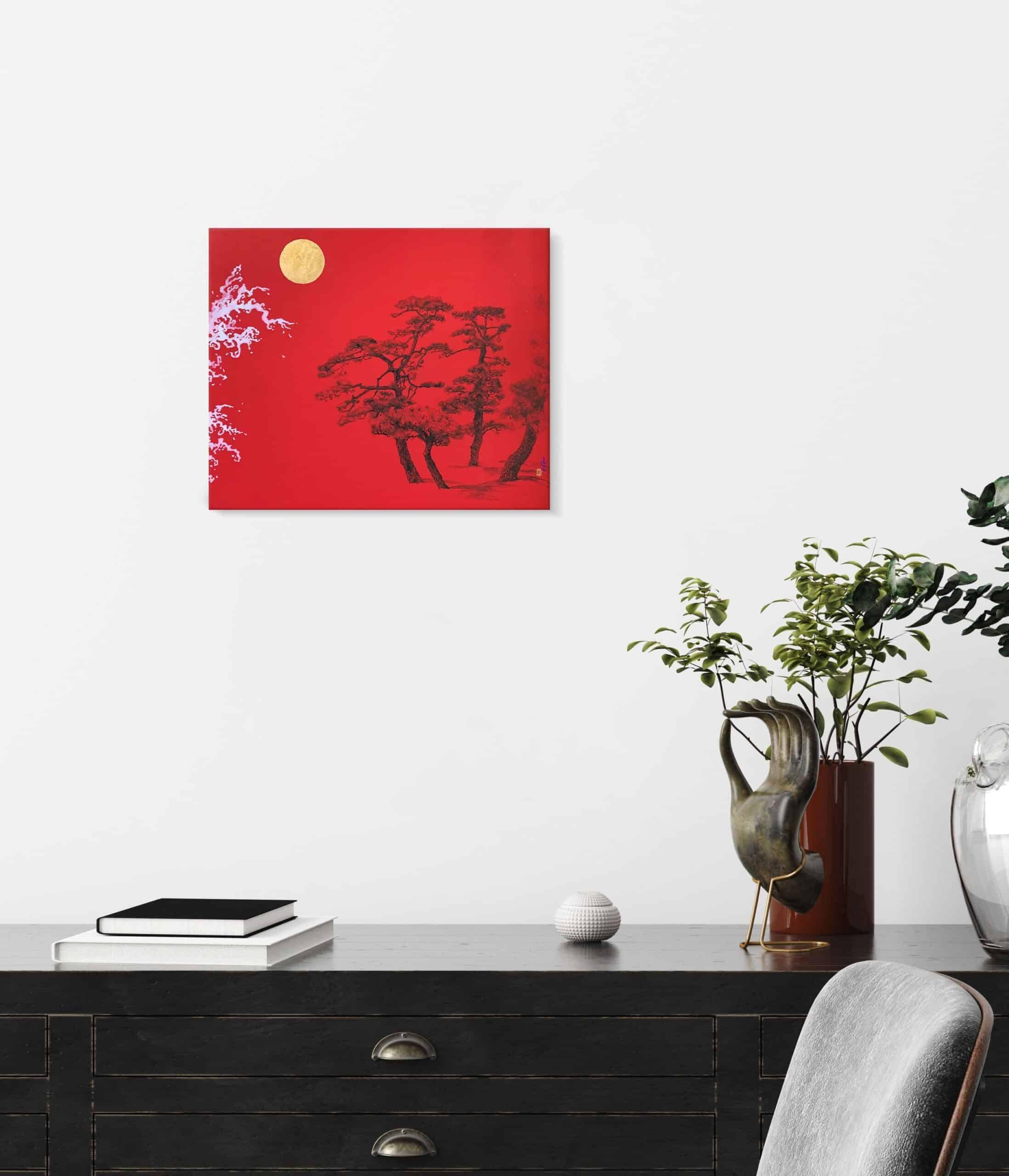 Kiefern mit Wellenfront II von Lumi Mizutani – Landschaftsgemälde im japanischen Stil, rot im Angebot 1