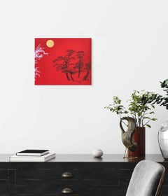 Pini di fronte alle onde II di Lumi Mizutani - Quadro di paesaggio in stile giapponese, rosso