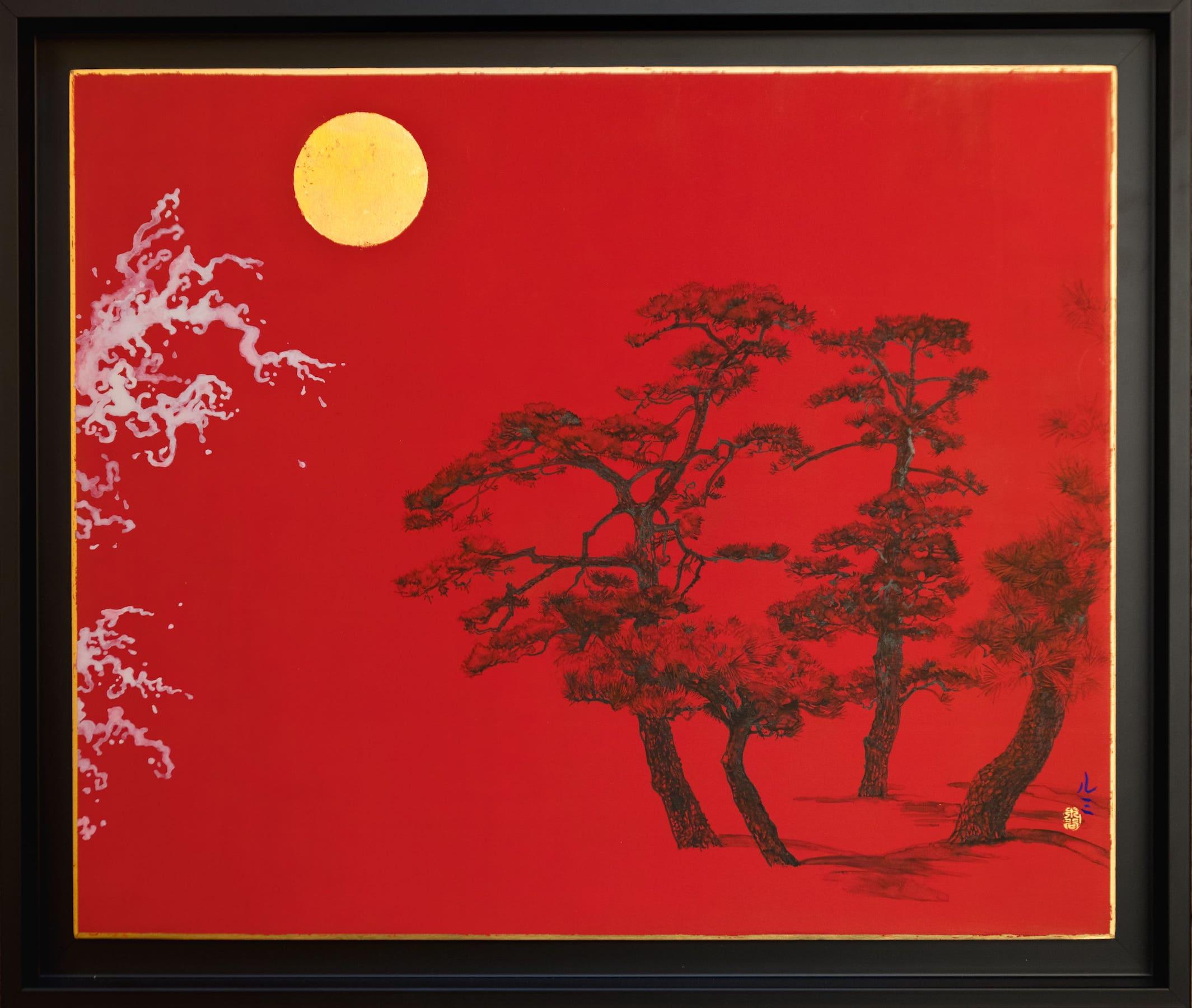 Kiefern mit Wellenfront II von Lumi Mizutani – Landschaftsgemälde im japanischen Stil, rot im Angebot 2