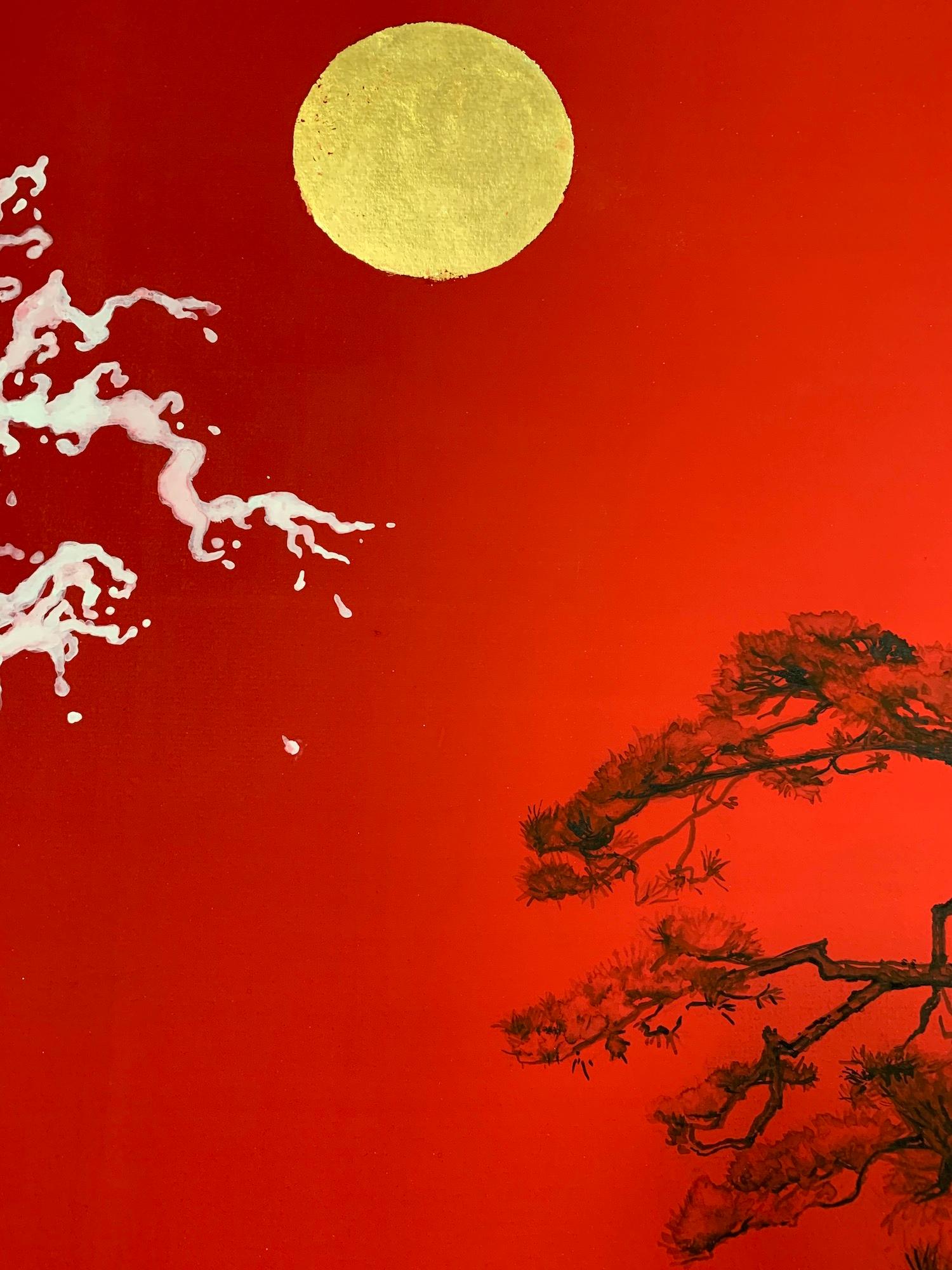 Kiefern mit Wellenfront II von Lumi Mizutani – Landschaftsgemälde im japanischen Stil, rot im Angebot 3