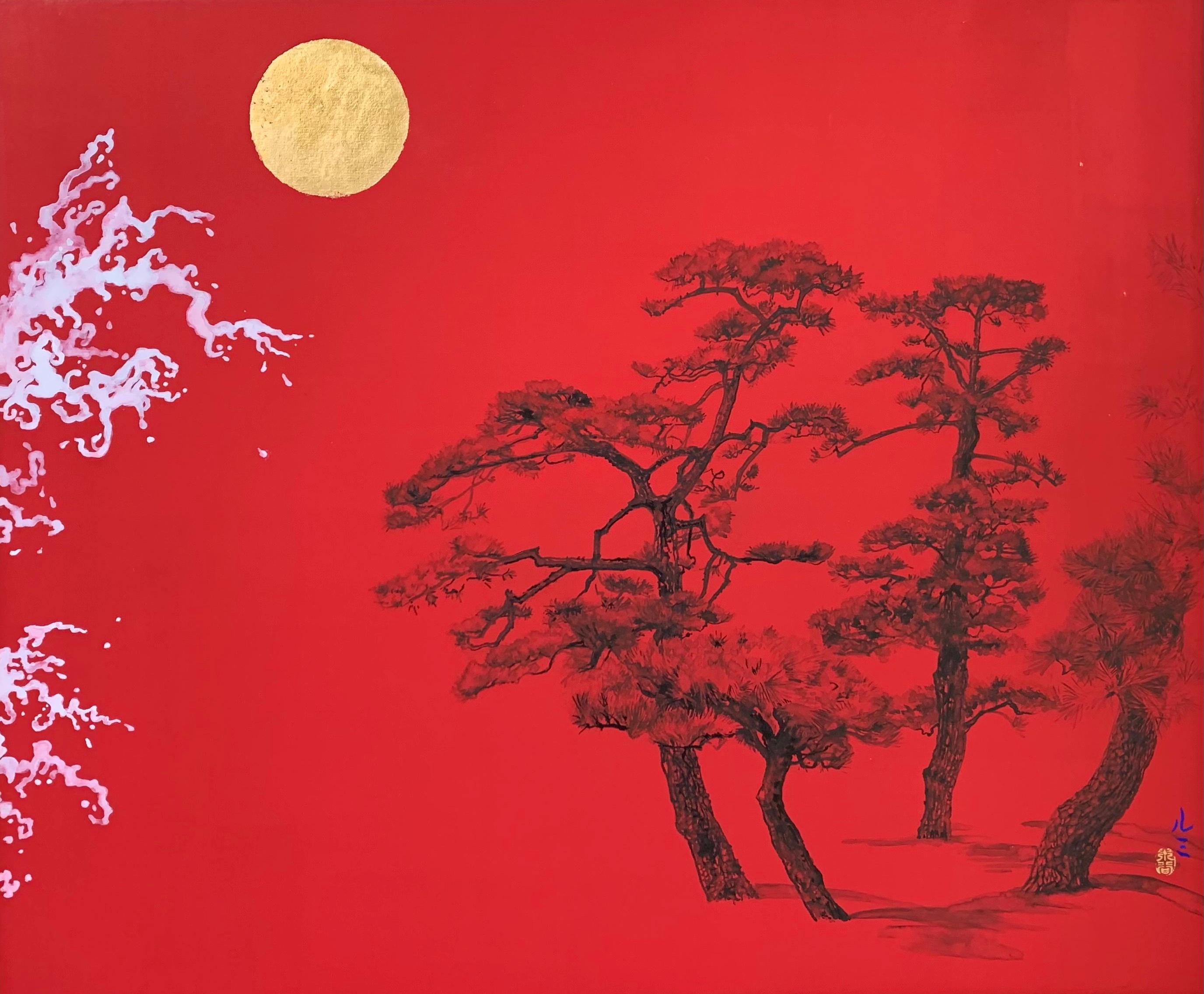 Pines facing waves II ist ein einzigartiges Gemälde des zeitgenössischen Künstlers Lumi Mizutani. Das Gemälde ist mit Tusche, chinesischer Malerei und Blattgold auf japanischem Karton gemalt und hat die Maße 37,9 × 45,5 cm (14,9 × 17,9 in). Die