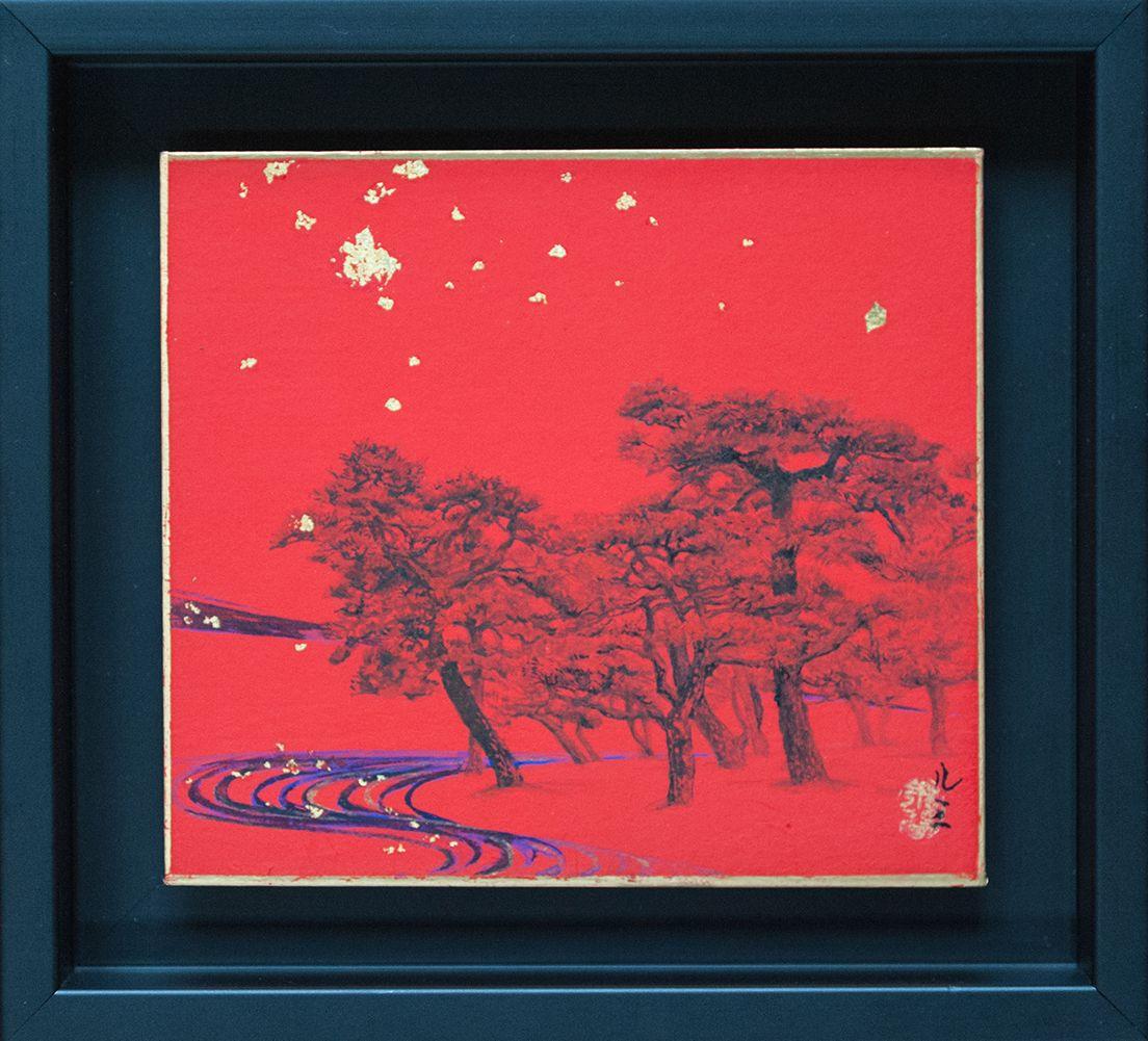 The Pines in the stars by Lumi Mizutani - Japanische Landschaftsmalerei, Gold, Rot im Angebot 1