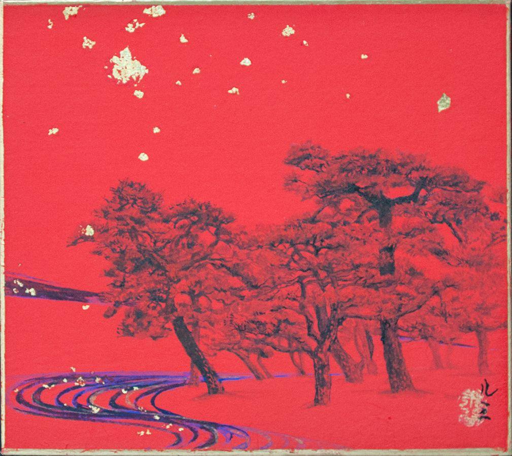 Pines in the stars de Lumi Mizutani - Peinture de paysage japonaise, or, rouge