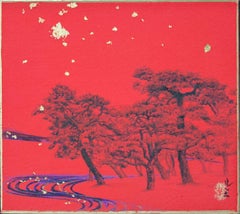 Pines in the stars de Lumi Mizutani - Peinture de paysage japonaise, or, rouge