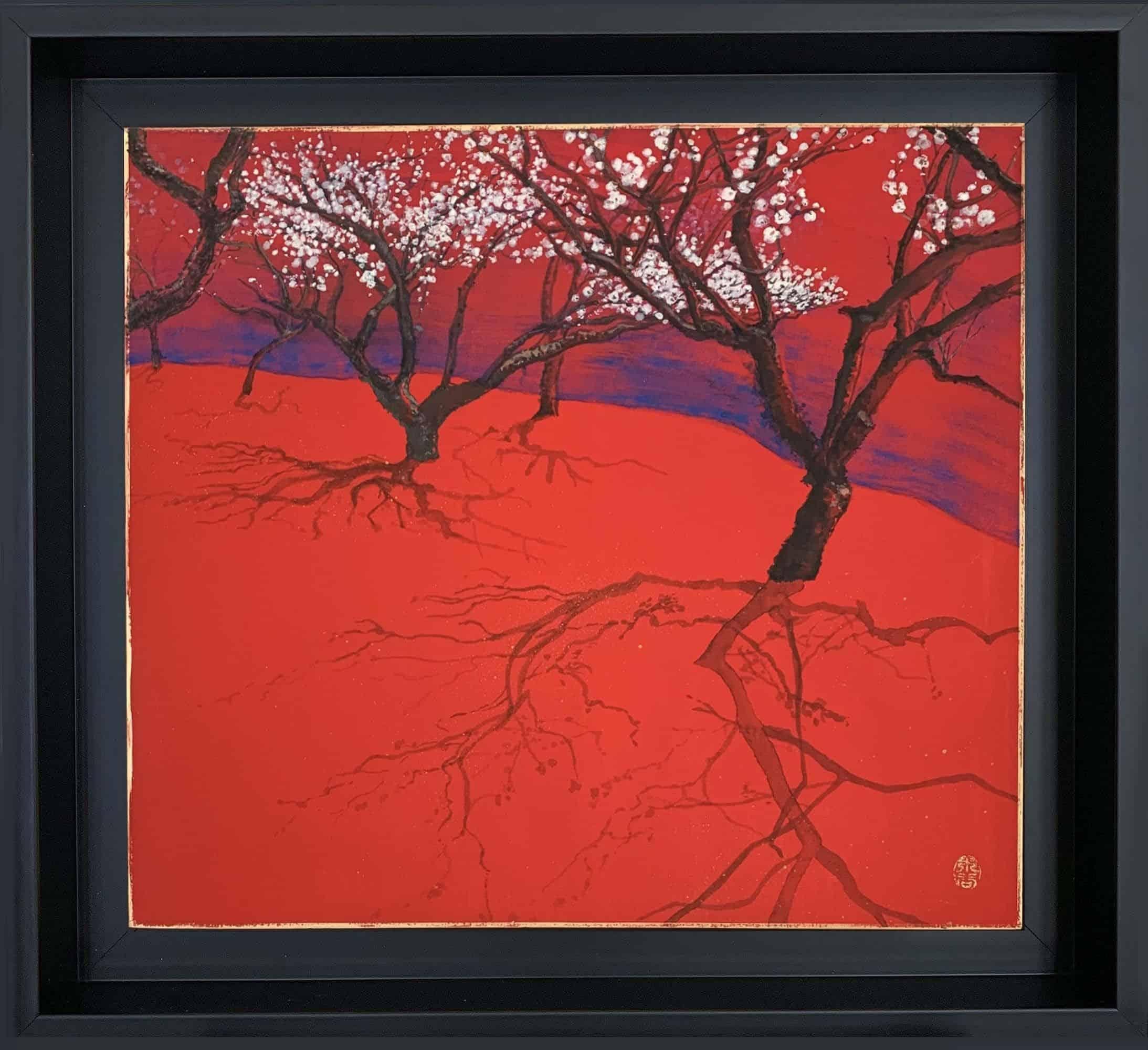 Ciruelo de Higashiyama I de Lumi Mizutani - pintura de estilo japonés, rojo