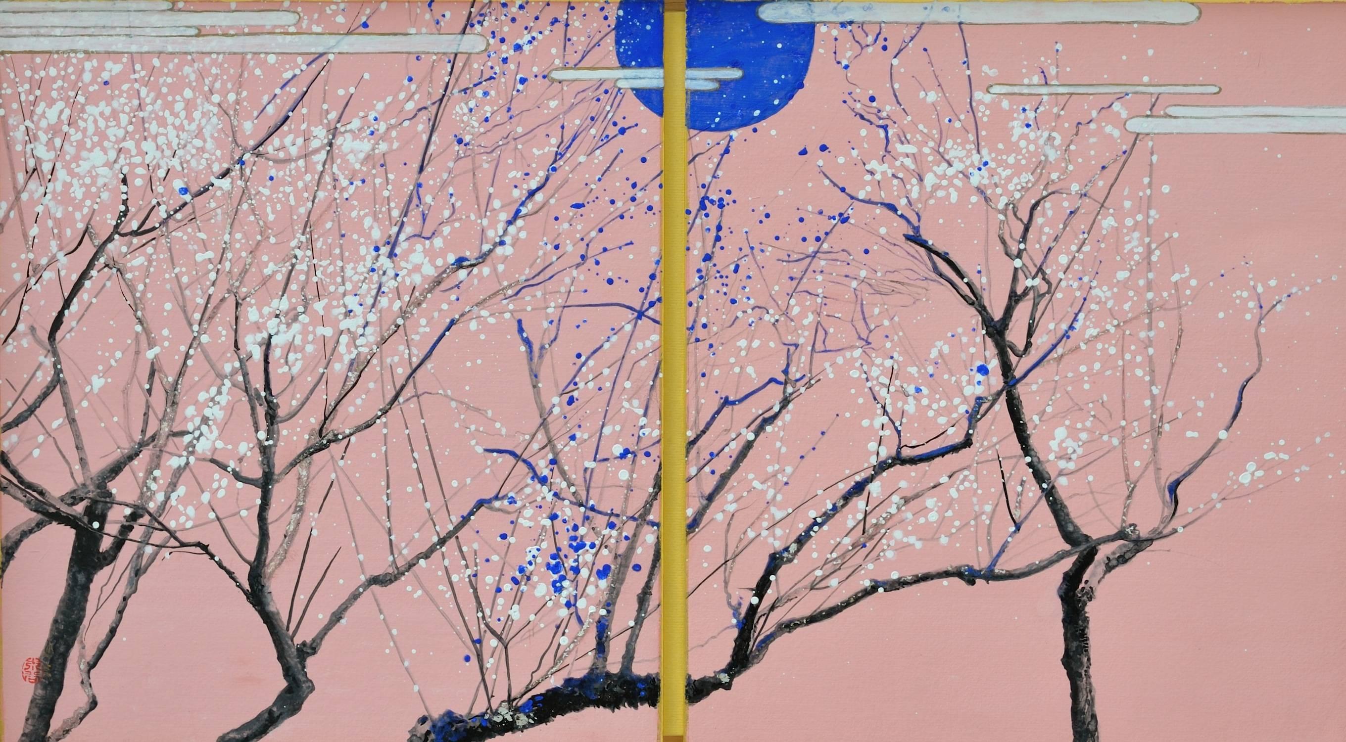 Plumen im blauen Mond, japanisches Landschaftsgemälde – Painting von Lumi Mizutani