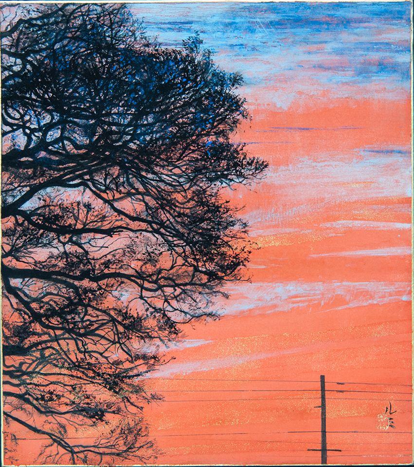 Coucher de soleil à Lumi Mizutani - peinture de style japonais, paysage, arbre, ciel en vente 1