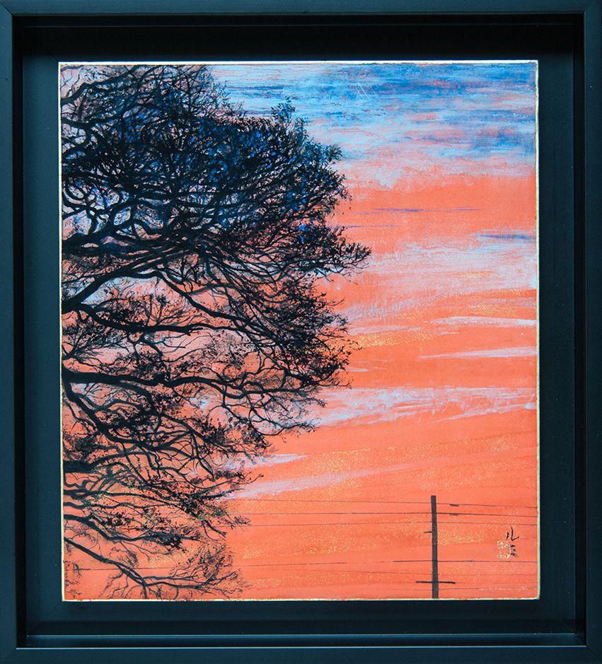 Sunset to Kyo by Lumi Mizutani - Japanese style painting, landscape, tree, sky