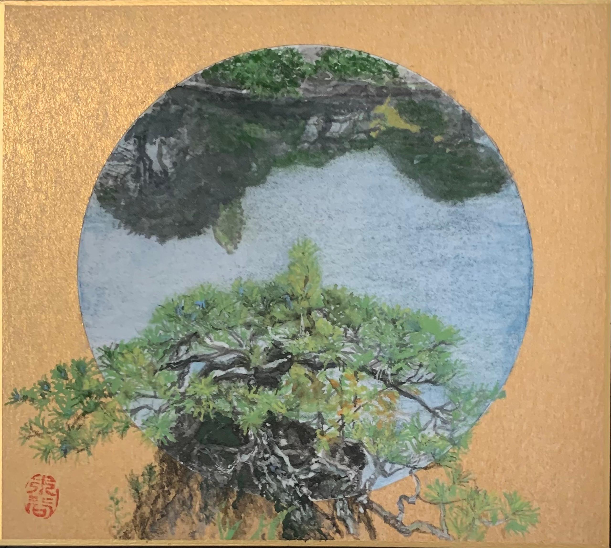 The other shore by Lumi Mizutani - Japanese landscape painting, gold, pigments For Sale 1