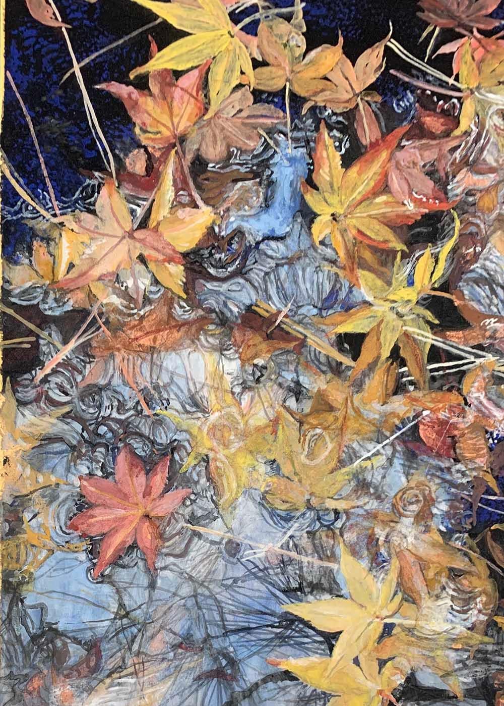 The party’s over I by Lumi Mizutani - Japanese style painting, maple tree leaves For Sale 4