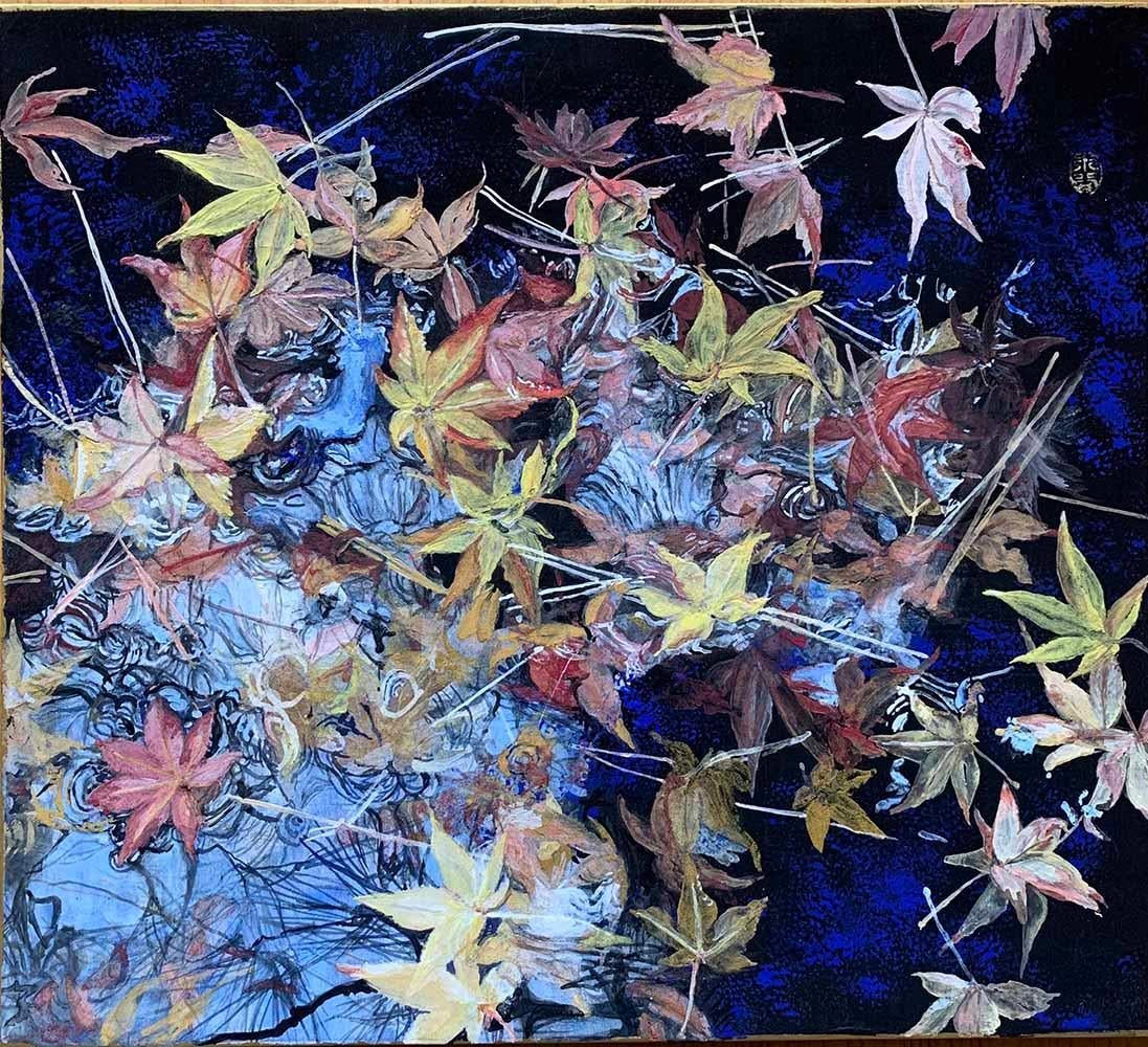 The party’s over I is a unique painting by contemporary artist Lumi Mizutani. The painting is made with Japanese pigments and copper leaves on Japanese cardboard, it is sold with a black shadow box frame. Dimensions of the painting are 24 × 27 cm cm