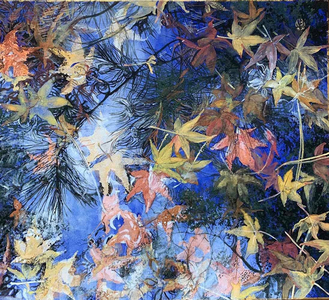 Lumi Mizutani Landscape Painting - The party’s over II - Japanese Style Painting, autumn leaves on water