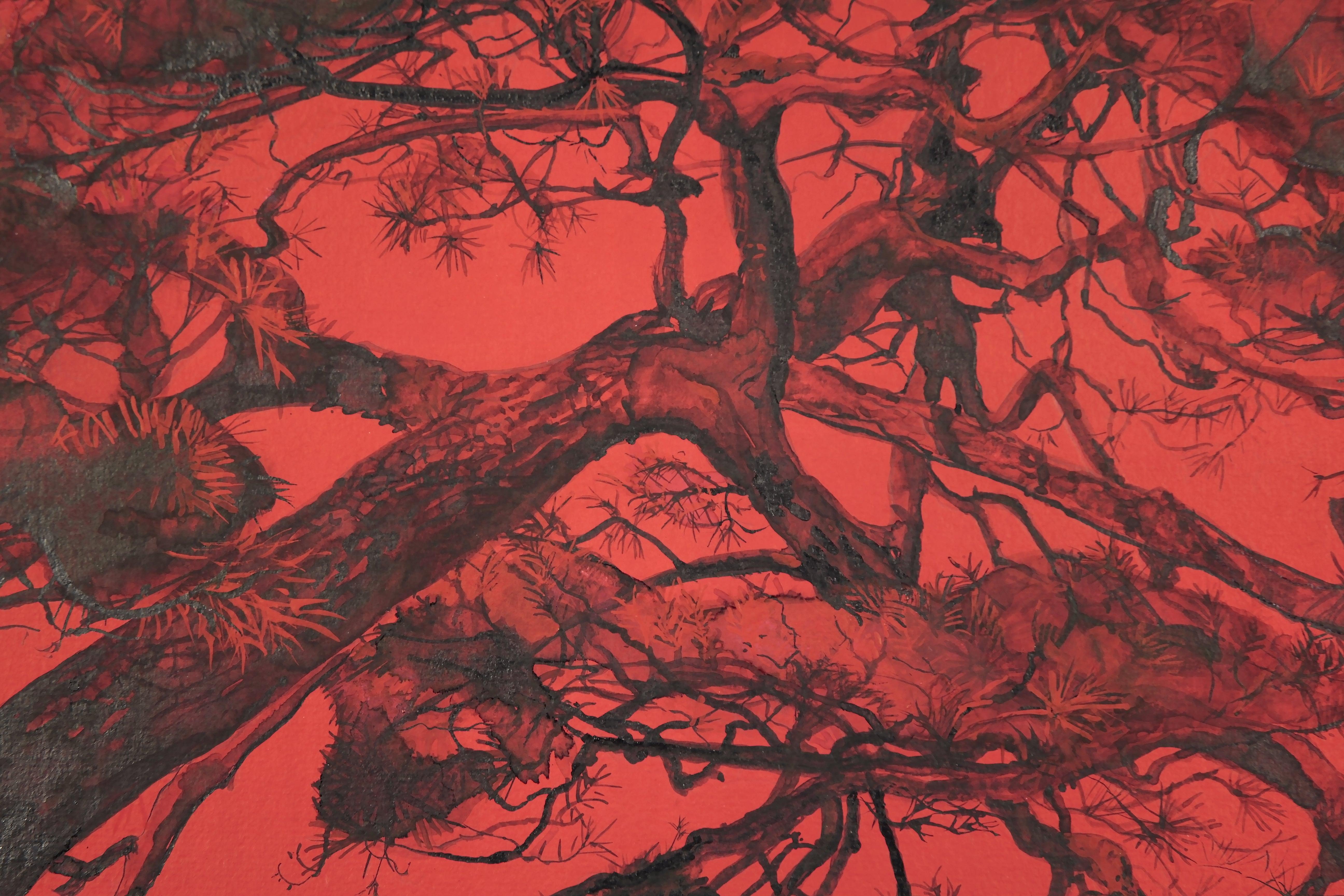 Tilted Pine II by L. Mizutani - Japanese-style painting, red triptych, landscape - Painting by Lumi Mizutani