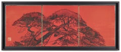 Tilted Pine II by L. Mizutani - Japanese-style painting, red triptych, landscape