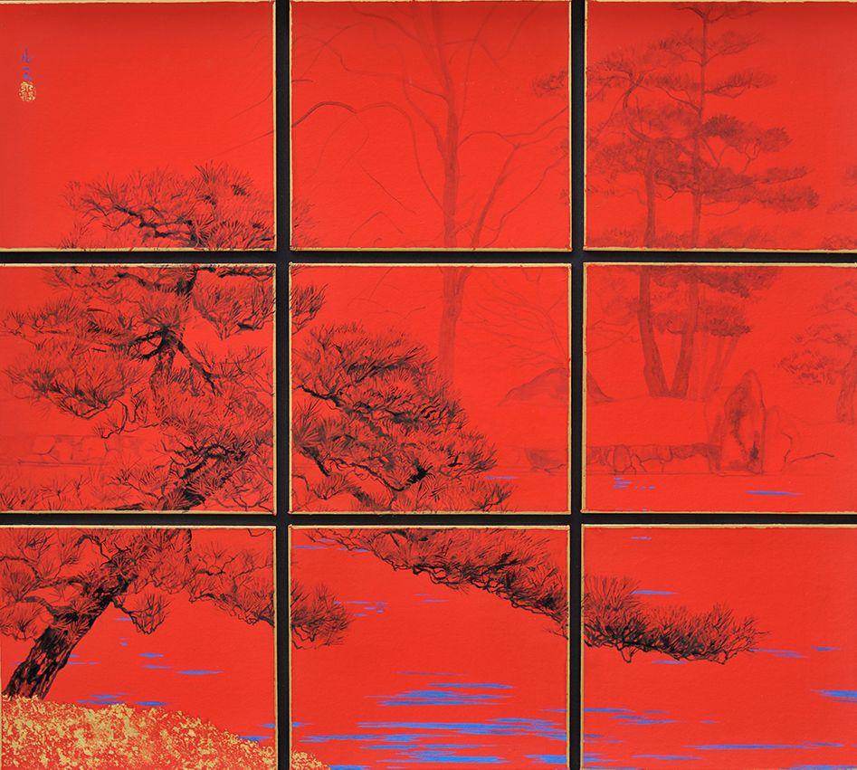 Tokugawaen di Lumi Mizutani - Pittura di paesaggio giapponese, rosso intenso, alberi in vendita 1