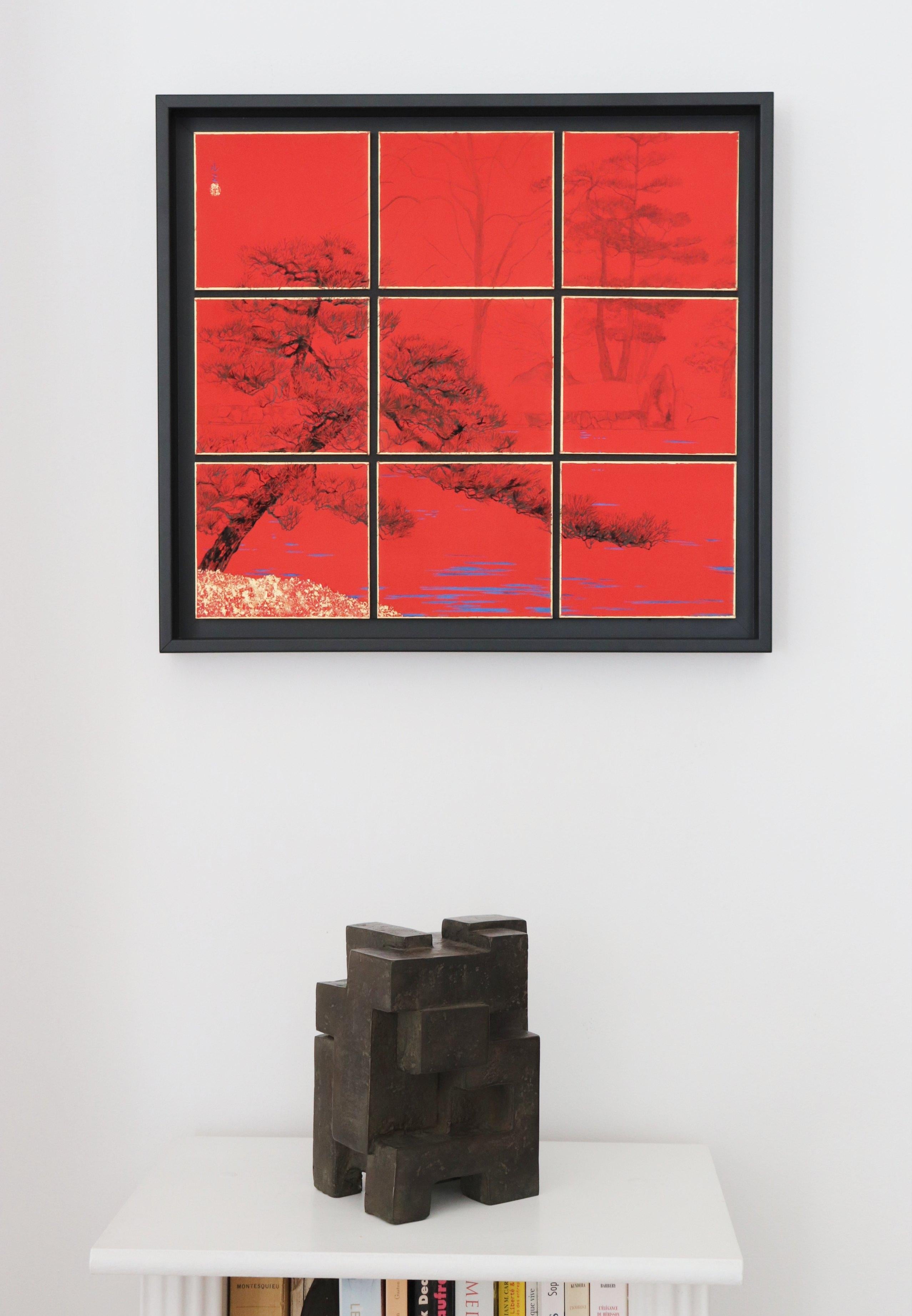 Tokugawaen di Lumi Mizutani - Pittura di paesaggio giapponese, rosso intenso, alberi in vendita 2