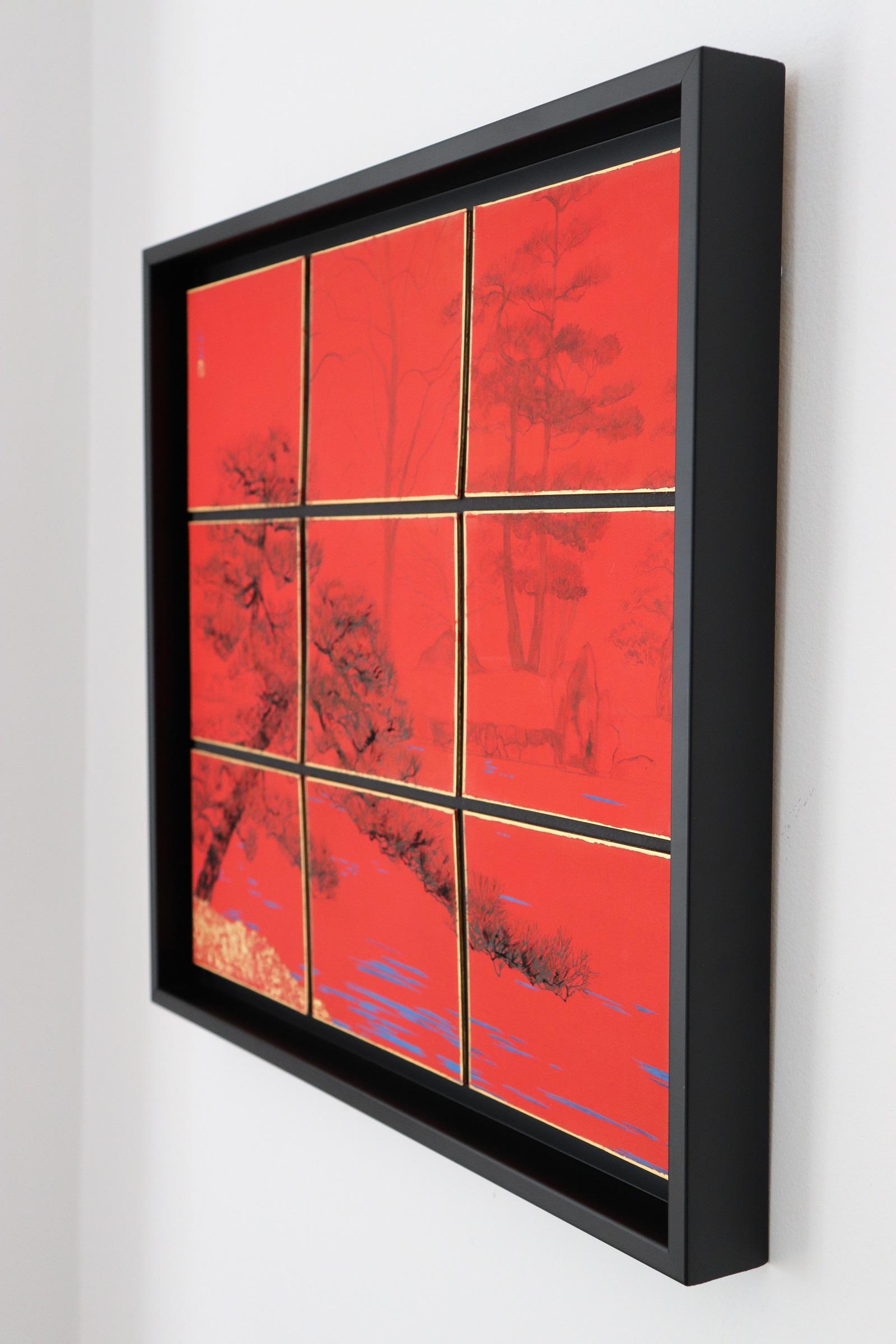 Tokugawaen par Lumi Mizutani - Peinture de paysage japonaise, rouge intense, arbres en vente 3