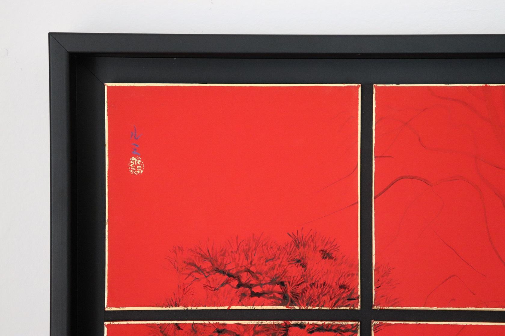 Tokugawaen di Lumi Mizutani - Pittura di paesaggio giapponese, rosso intenso, alberi in vendita 4
