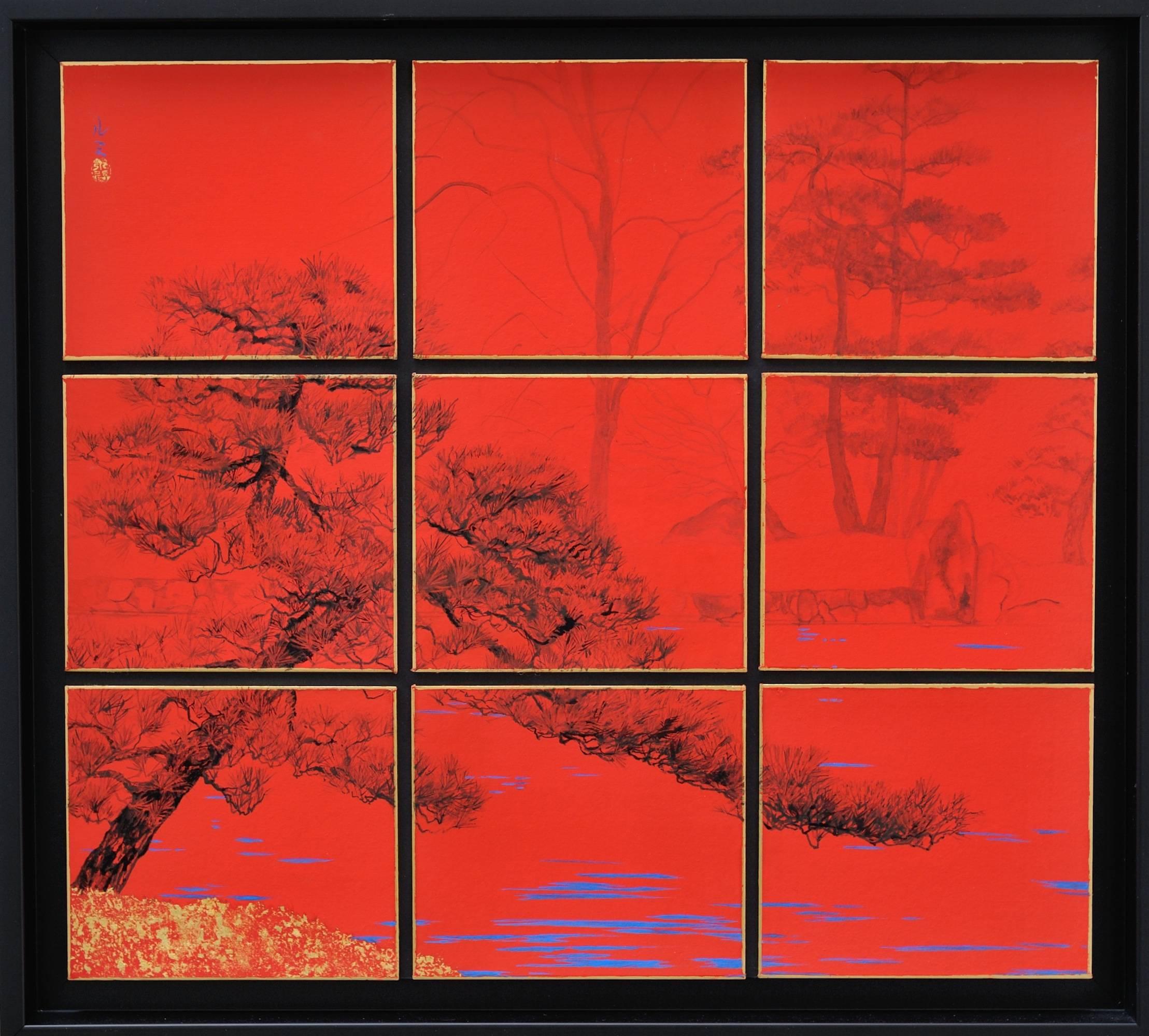 Tokugawaen by Lumi Mizutani - Japanese landscape painting, intense red, trees