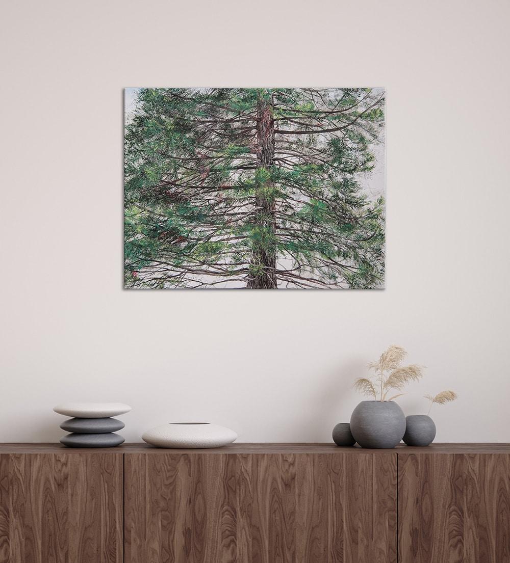 Baum des Feuers - Hinoki von Lumi Mizutani - Landschaftsgemälde im japanischen Stil, Kiefer im Angebot 1