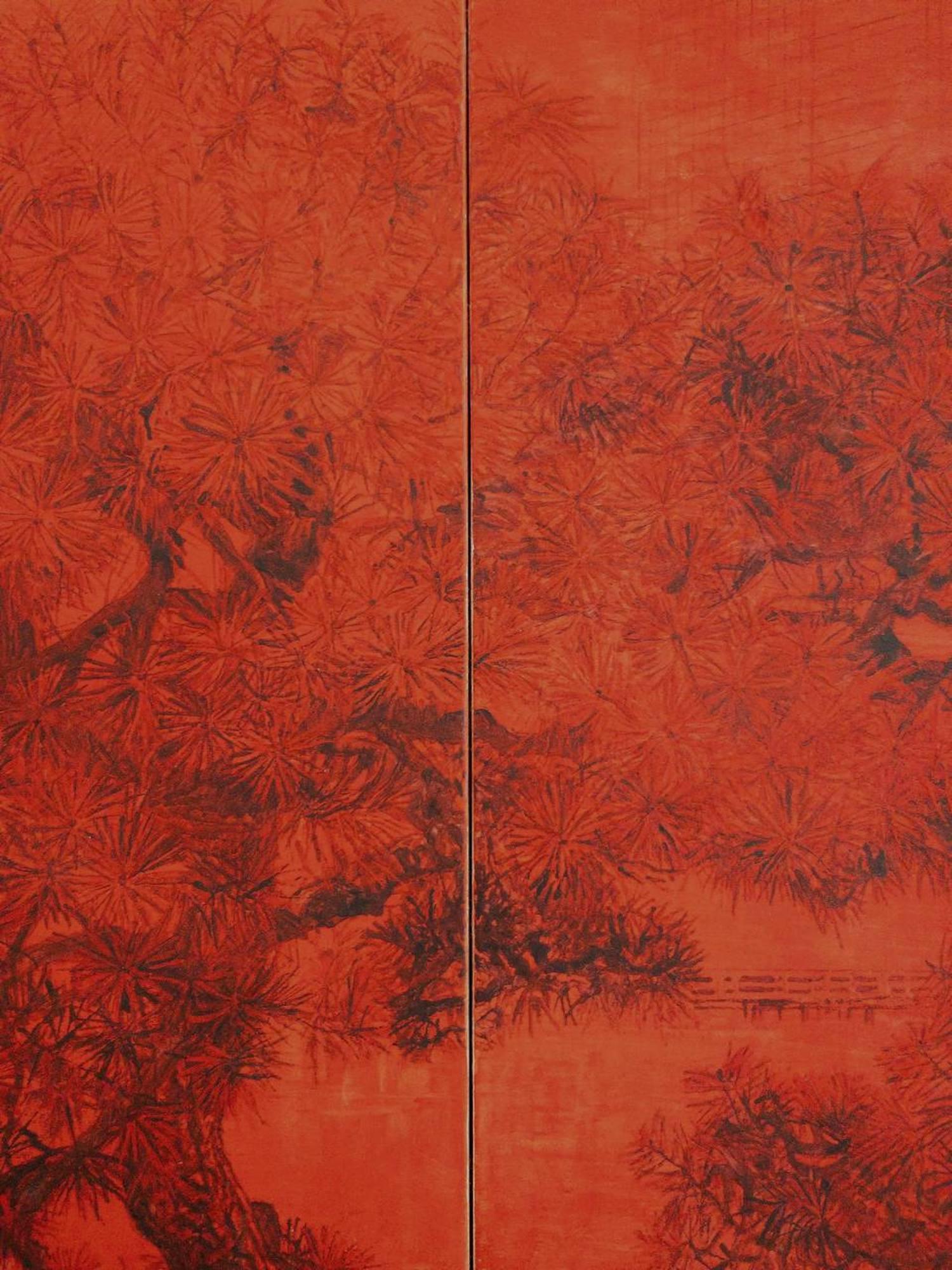 Urban landscape II, Tokyo by Lumi Mizutani - Japanese garden painting, red For Sale 3