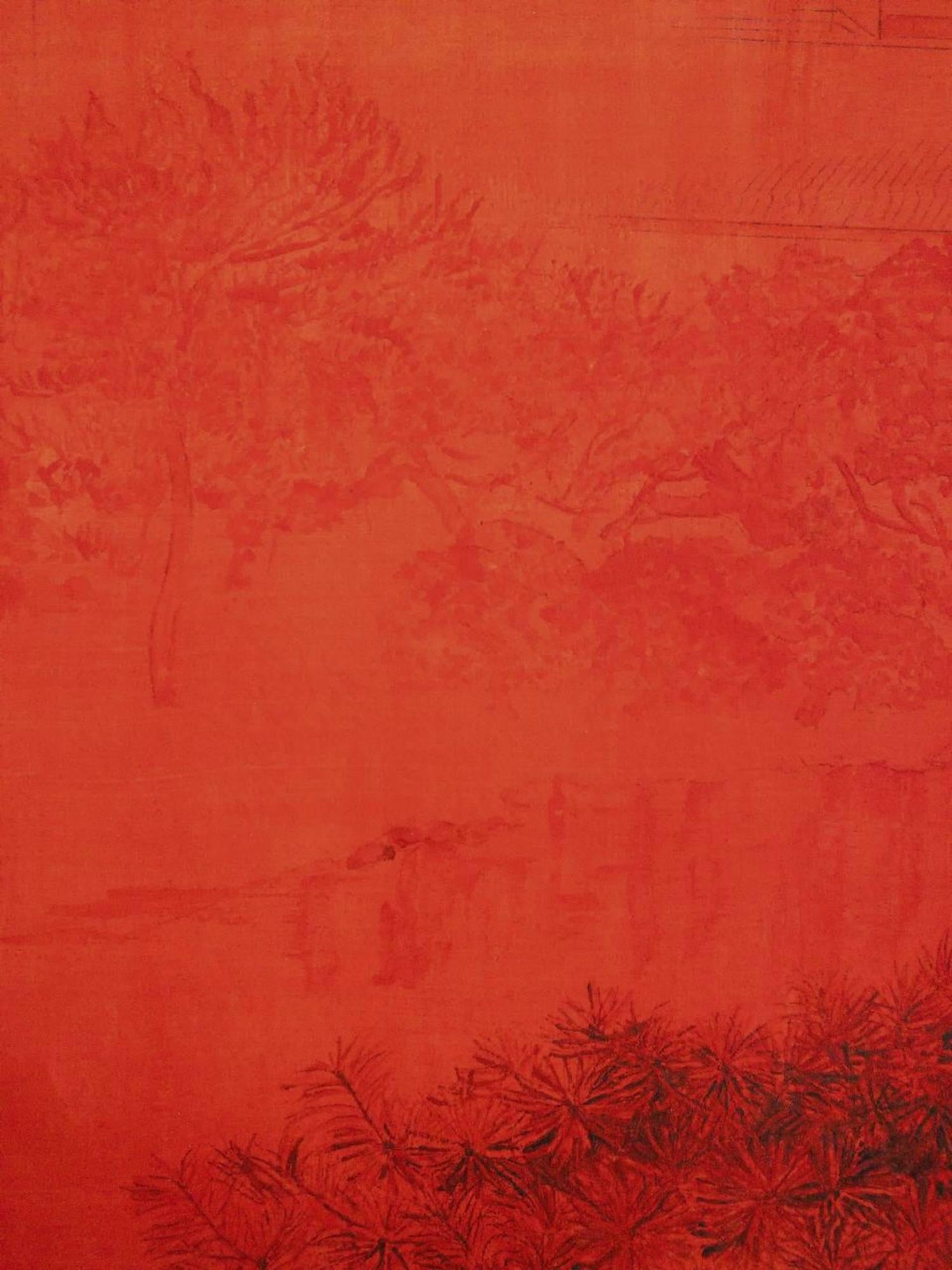 Urban landscape II, Tokyo by Lumi Mizutani - Japanese garden painting, red For Sale 6