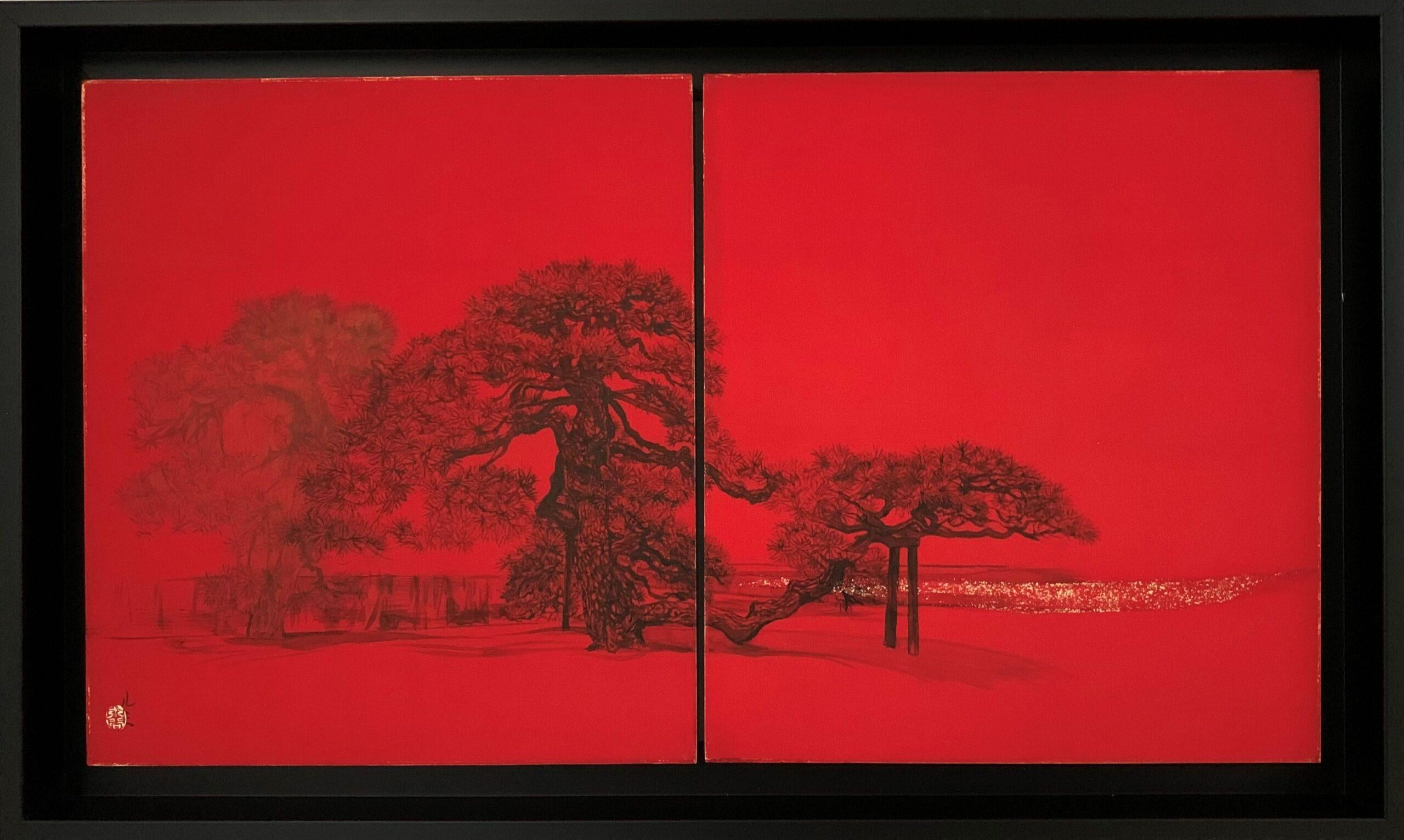 urbane Stadtlandschaft III von Lumi Mizutani – japanische Malerei, intensives Rot, Bäume im Angebot 1