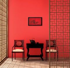 urbane Stadtlandschaft III von Lumi Mizutani – japanische Malerei, intensives Rot, Bäume