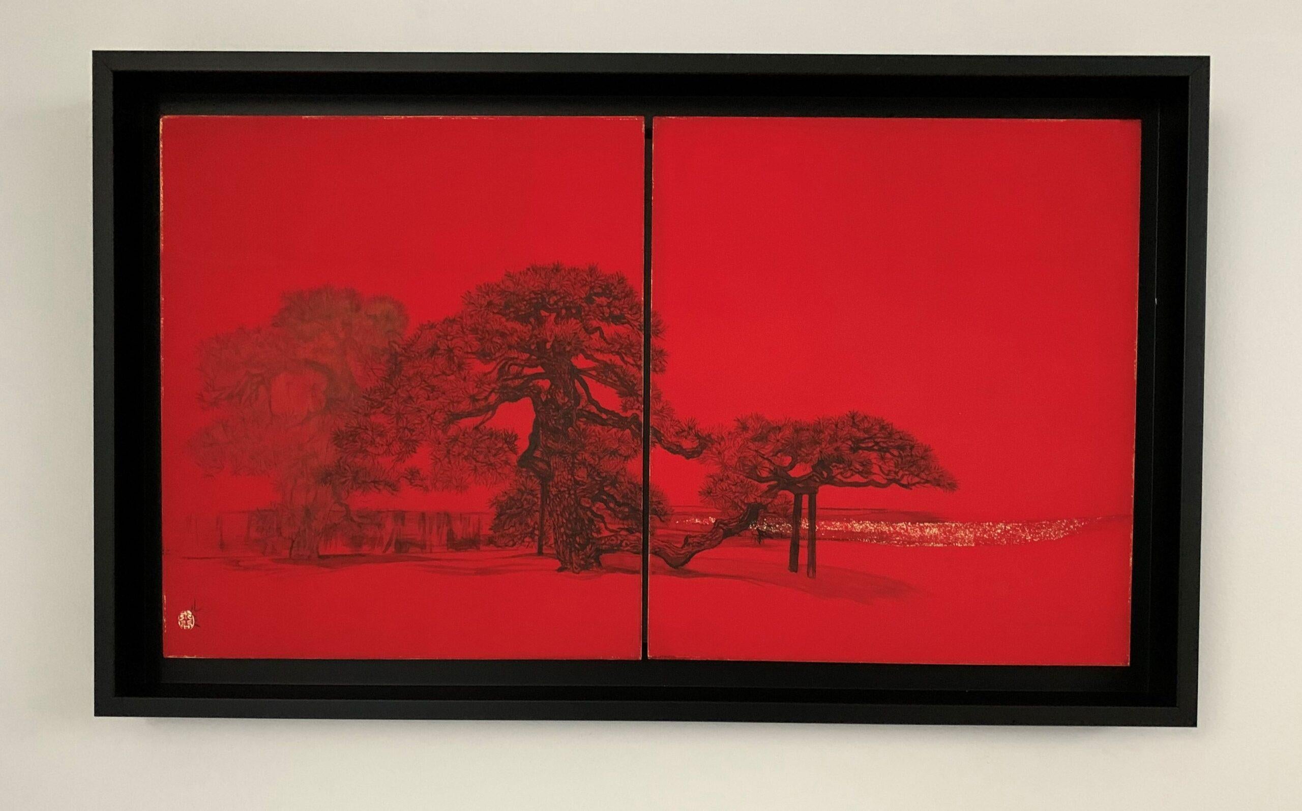urbane Stadtlandschaft III von Lumi Mizutani – japanische Malerei, intensives Rot, Bäume im Angebot 2