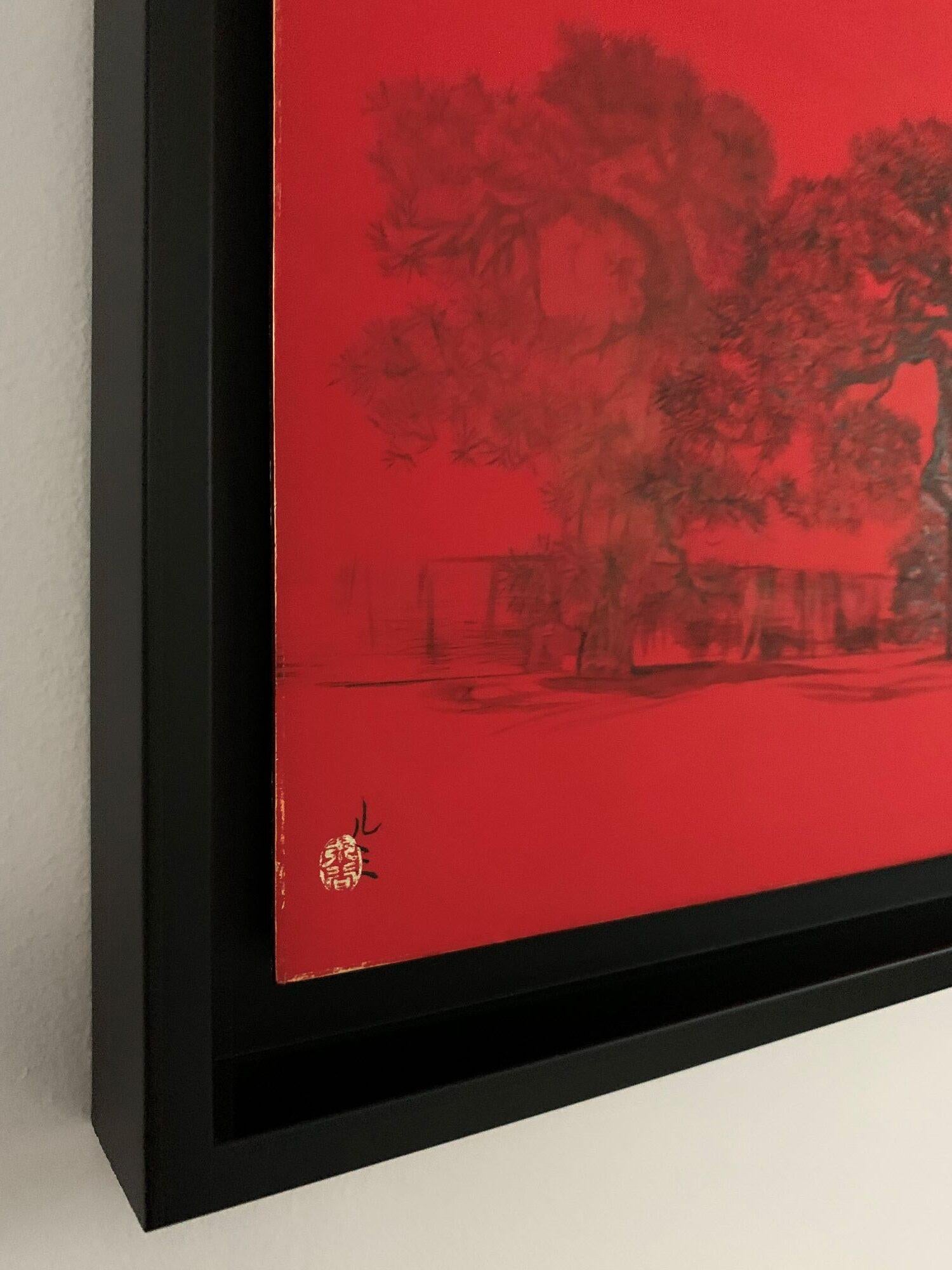 urbane Stadtlandschaft III von Lumi Mizutani – japanische Malerei, intensives Rot, Bäume im Angebot 4
