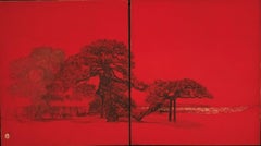 urbane Stadtlandschaft III von Lumi Mizutani – japanische Malerei, intensives Rot, Bäume