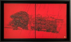 Paisaje urbano VI, Lluvia, de Lumi Mizutani: pintura de estilo japonés, rojo intenso