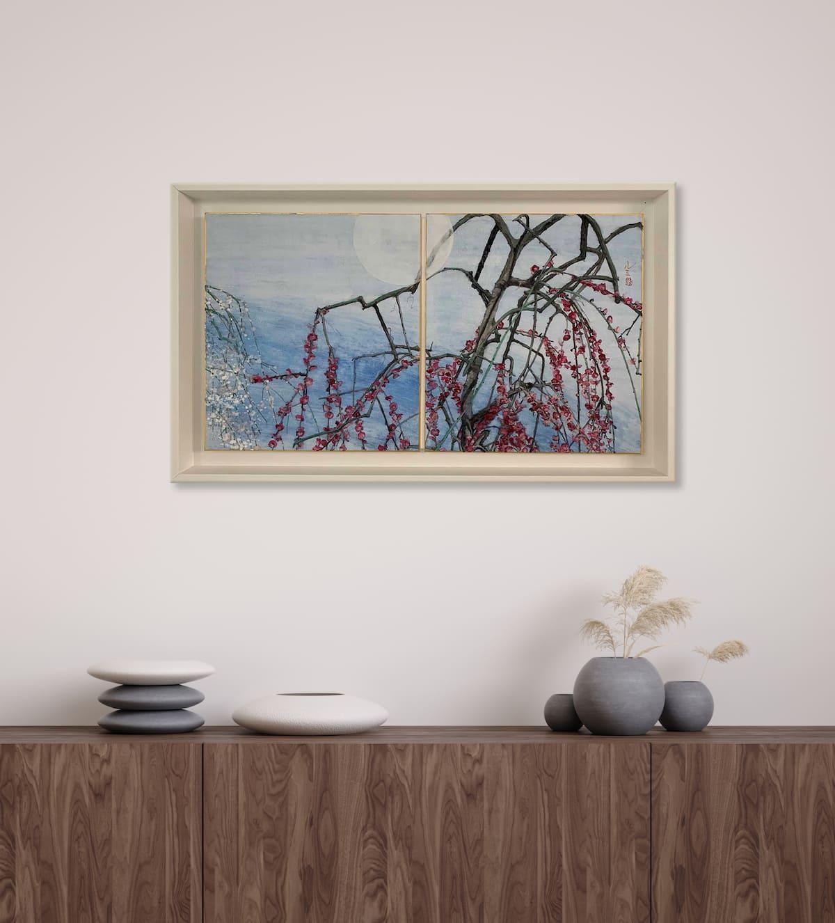 White Moon par Lumi Mizutani - peinture japonaise, arbres, nature, fleurs, flore 4