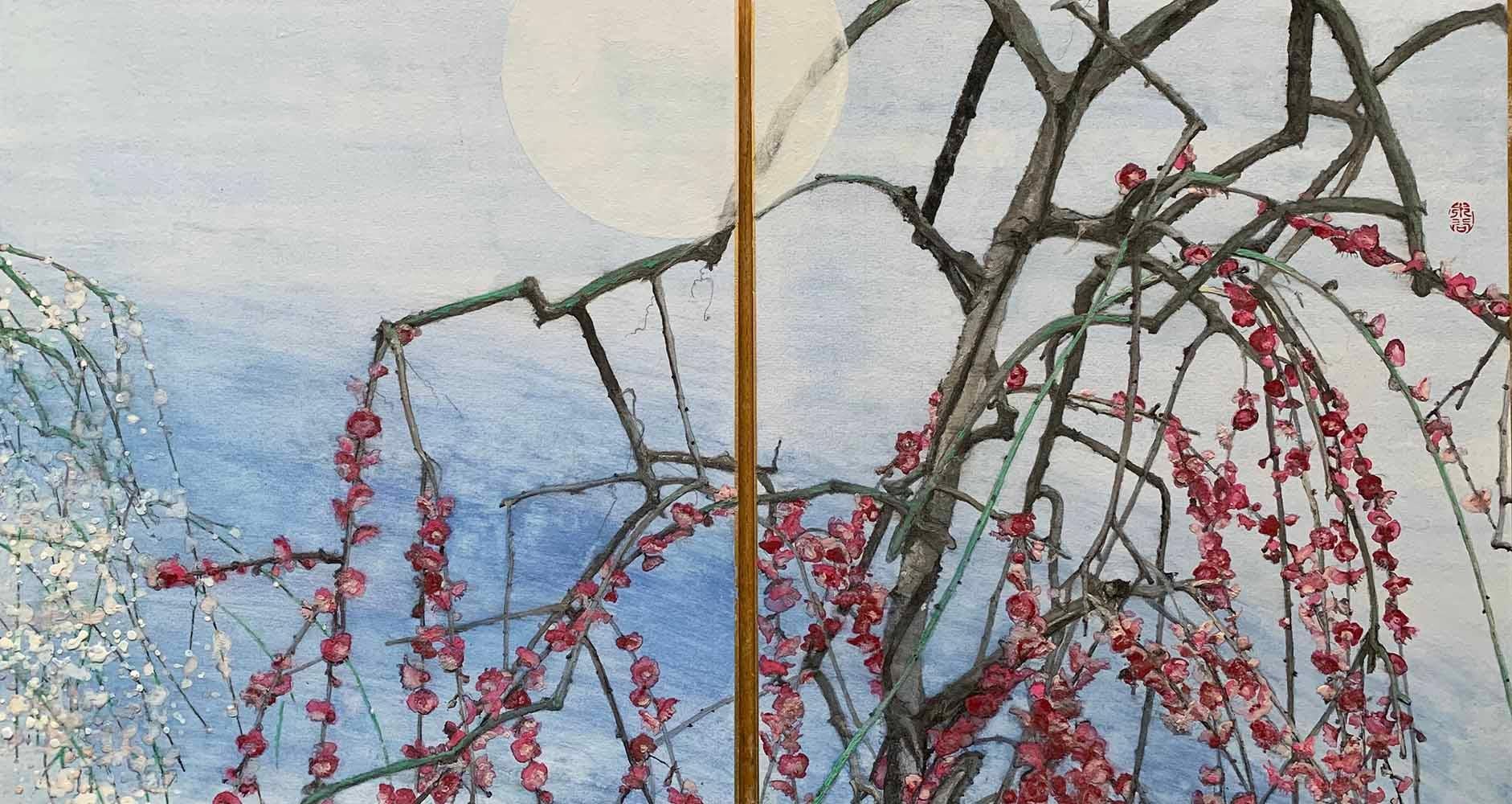 White Moon by Lumi Mizutani - Japanese painting, trees, nature, flowers For Sale 1