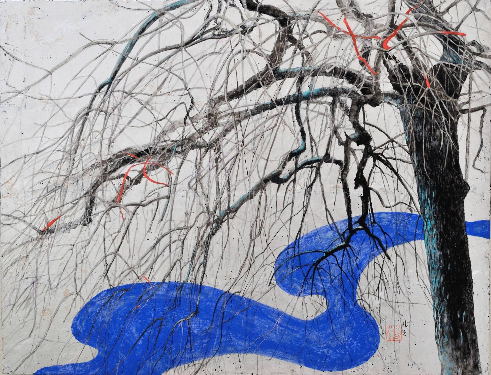 « Wintry Song I de Lumi Mizutani - Peinture de paysage japonaise, feuille d'argent, arbre