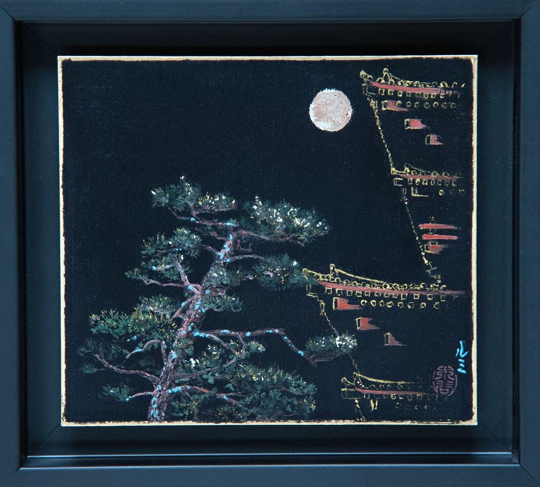 Yakushiji to the Moon by Lumi Mizutani - Japanese landscape painting, gold leaf 1