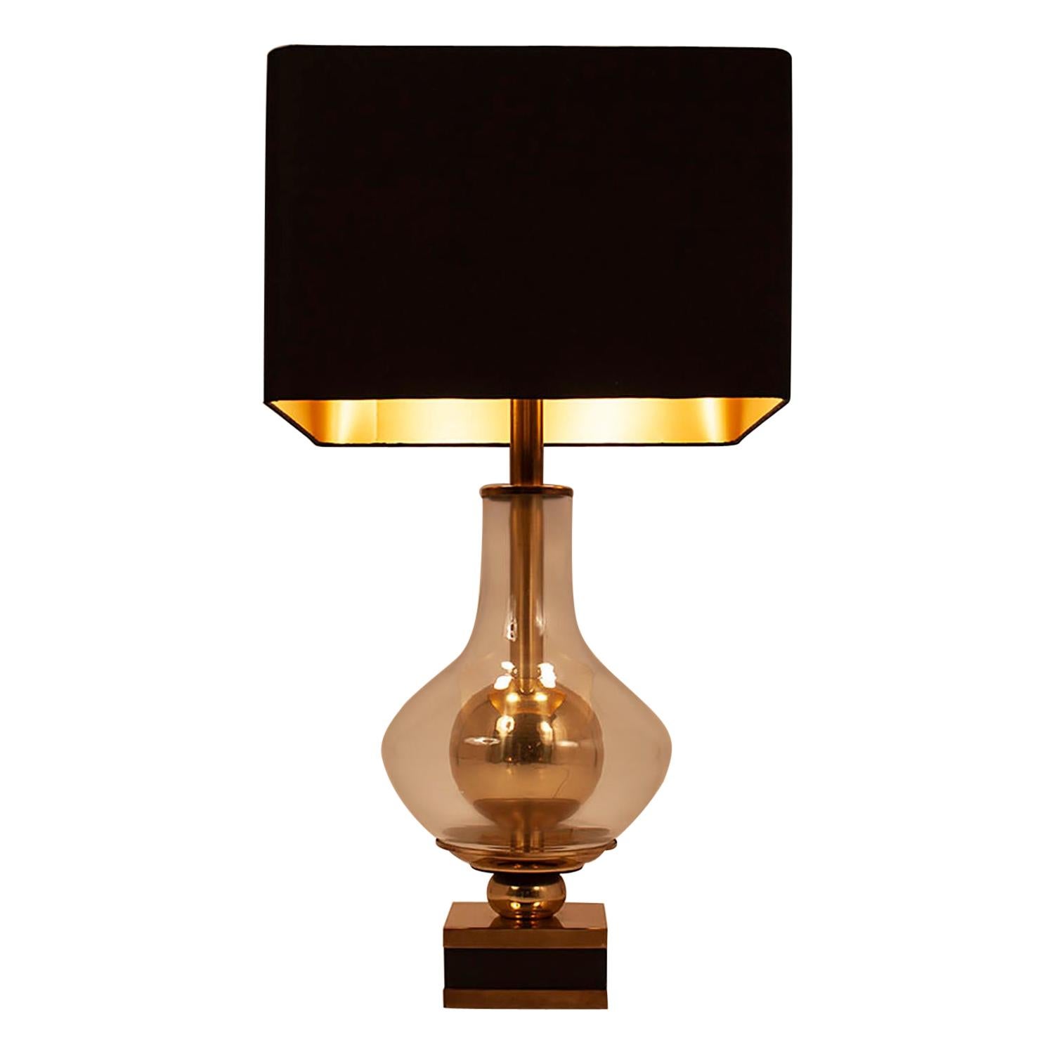 Lumica Midcentury Golden Brass and Glass Table Lamp with Black Shade, 1970s