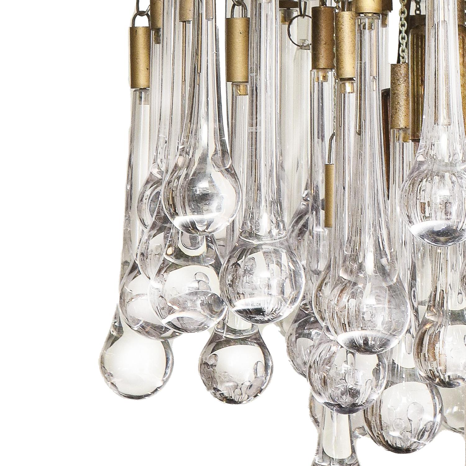 Exceptional Murano glass pendant with Venini tear drops and brass frame by Willy Rizzo for BD Lumica, Italy 1970's. A remarkable chandelier with hand-blown glass and cubist frame.

Matching sconces available. 