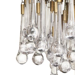 BD Lumica Brutalist Brass & Chrome Chandelier with Murano Glass Drops 1970s