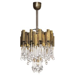 Brutalist Brass & Chrome Chandelier with Murano Clear Glass Drops 1970s