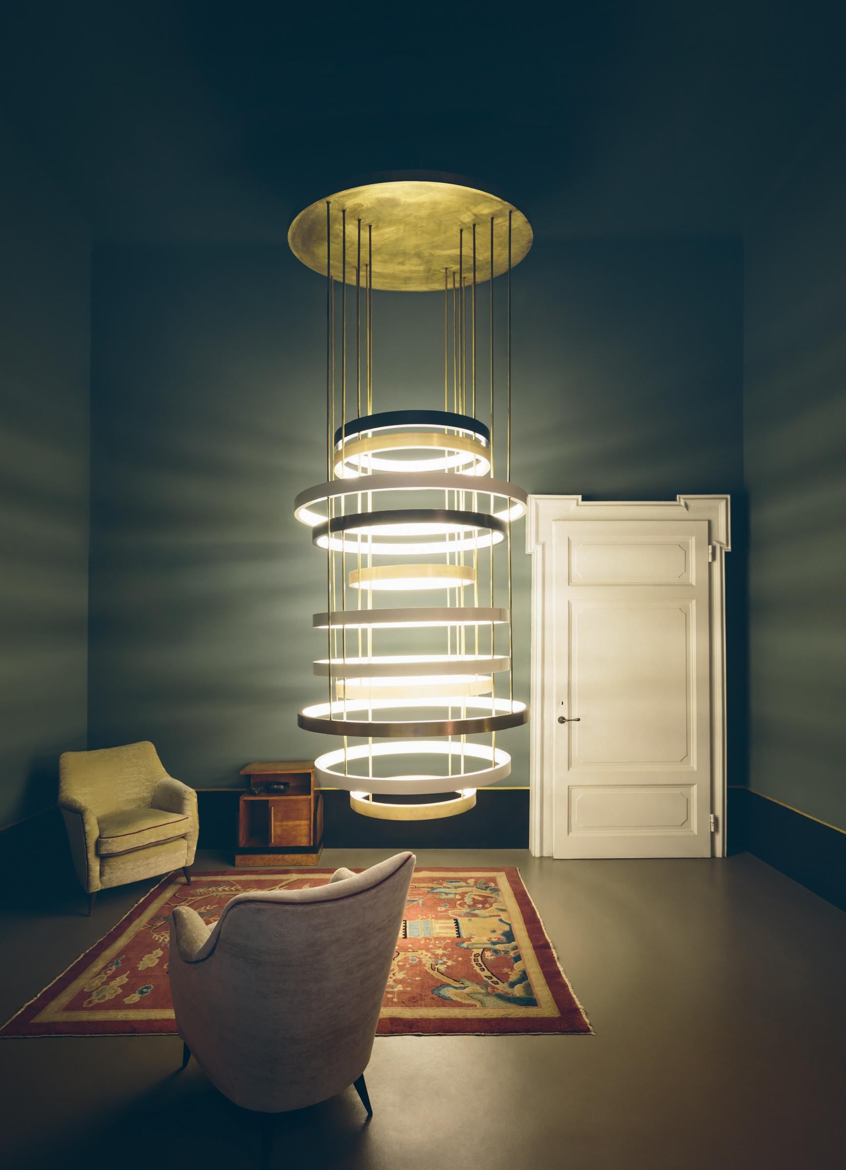 Modern Lumiere 11 Rings Ceiling Lamp in Oxidised Brass and Opal Perspex by Dimoremilano For Sale