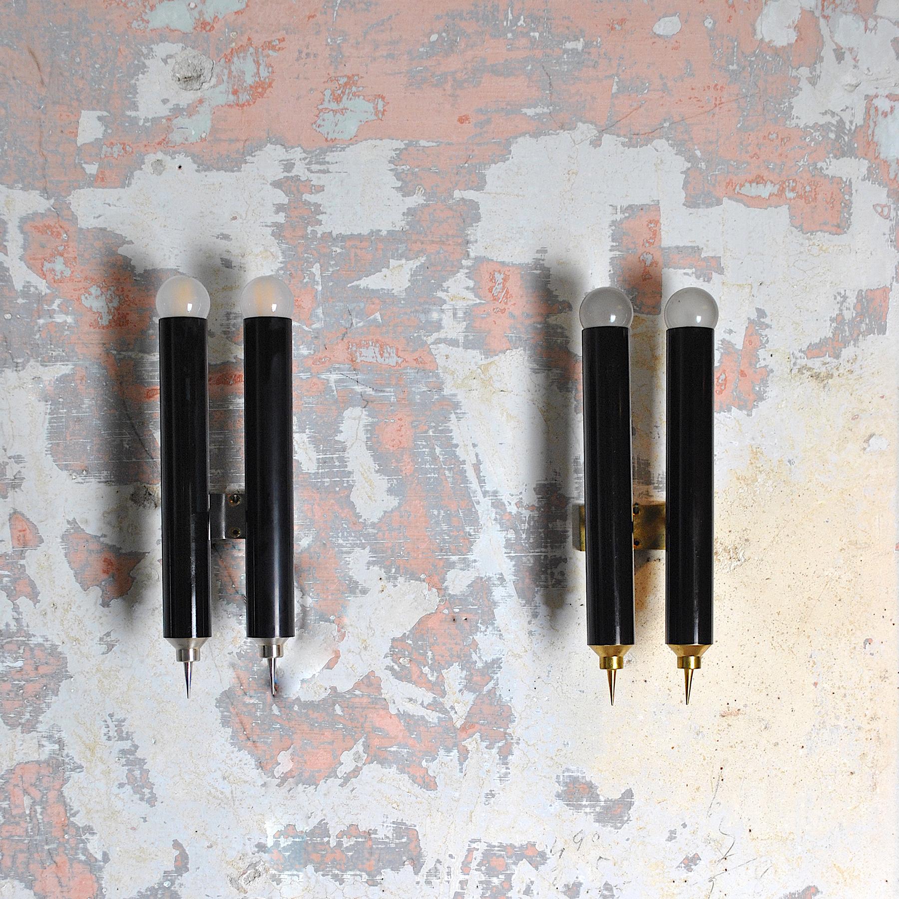 Set of four sconces in black lacquered brass, Lumière Bologna production from the 1960s