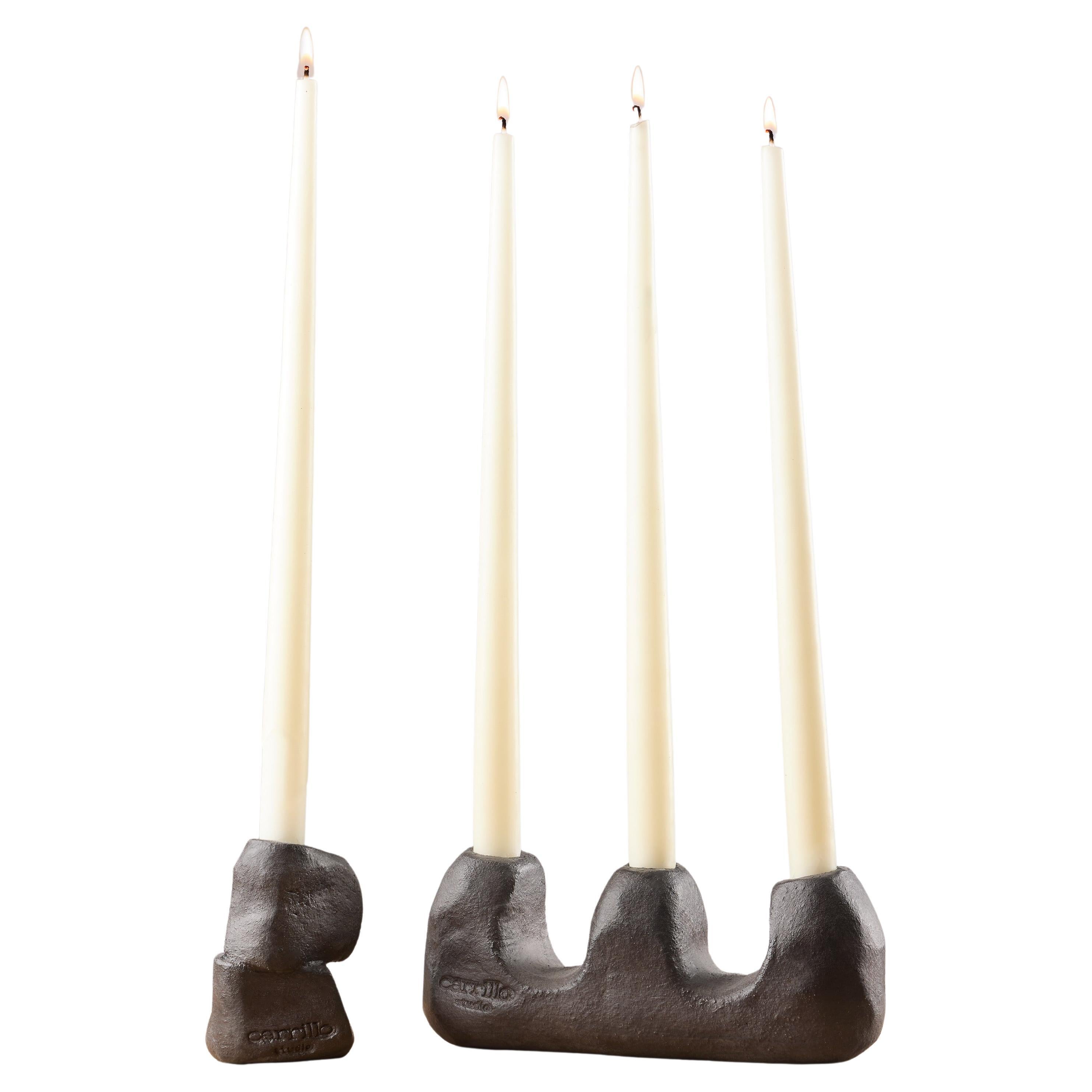 Lumière&Hombre Pair of Black Wax-Polished Stoneware Candelabras