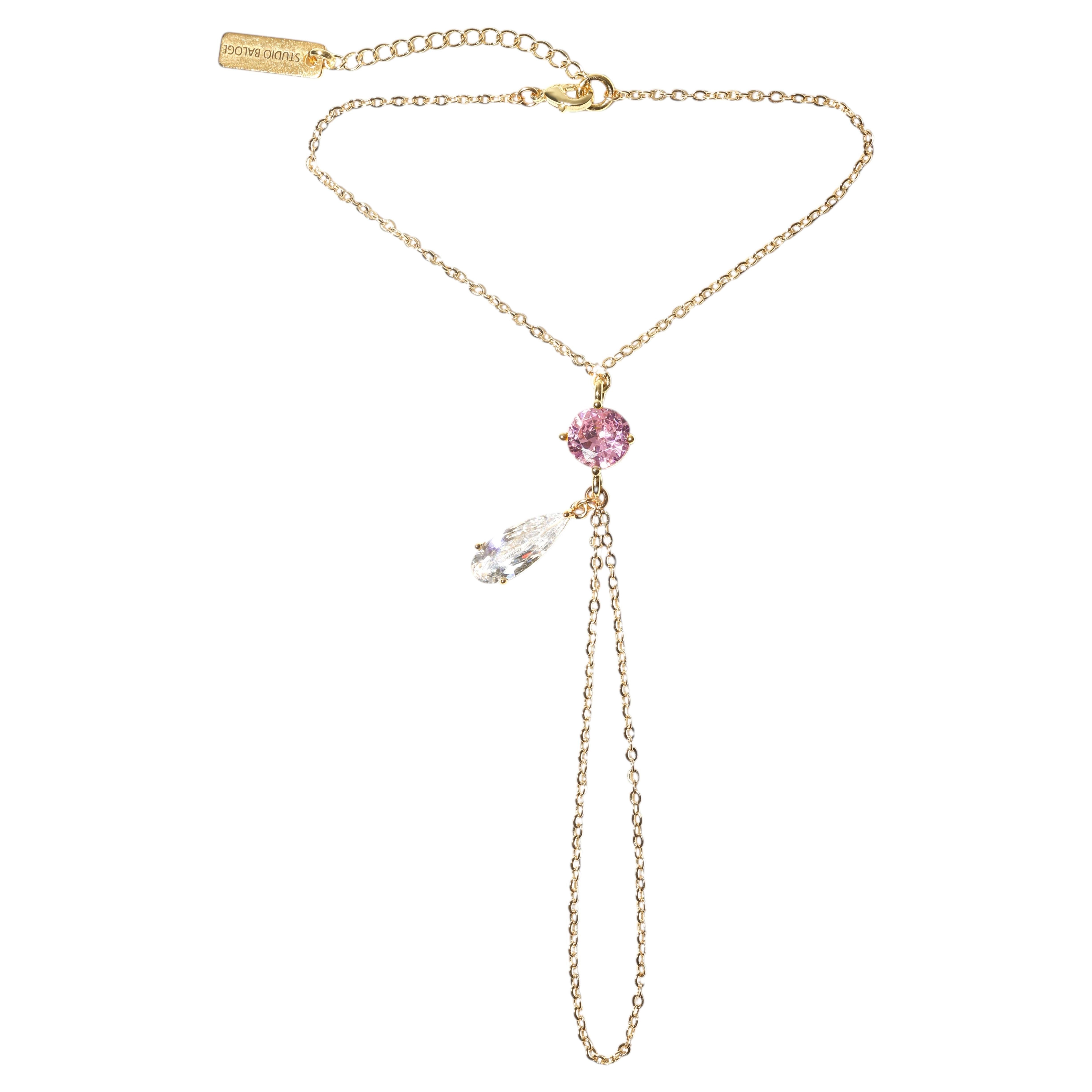 Lumina Hand Chain with Gold-Filled Chain in bright Pink with Crystal Teardrop en venta