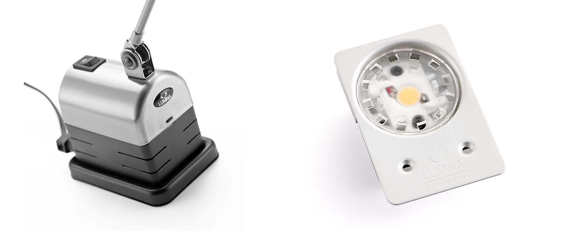 Stehleuchte aus Metall mit Gelenkarm und um 360° drehbarem Diffusor. Erhältlich mit Halogen- oder LED-Lichtquelle. Ein/Aus-Schalter.

Ein/Aus-Schalter
Quelle:
1× 4W LED
3000K / 320lm
Code:
09L02op.

 